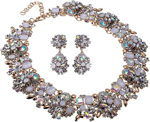 Vintage Crystal Rhinestone Statement Choker Bib Statement Necklace Earring Fashion Costume Jewelry Set for Women