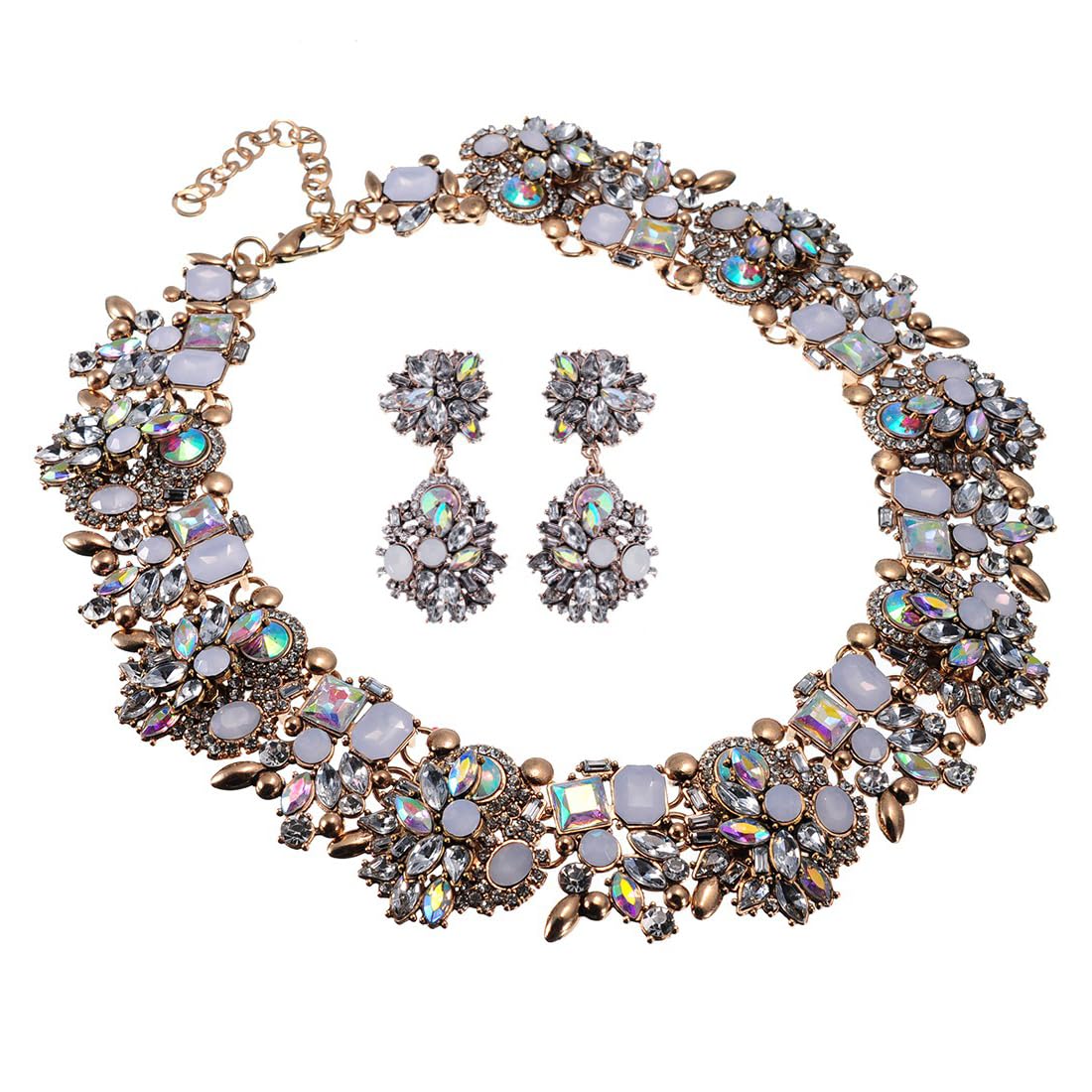 Vintage Crystal Rhinestone Statement Choker Bib Statement Necklace Earring Fashion Costume Jewelry Set for Women