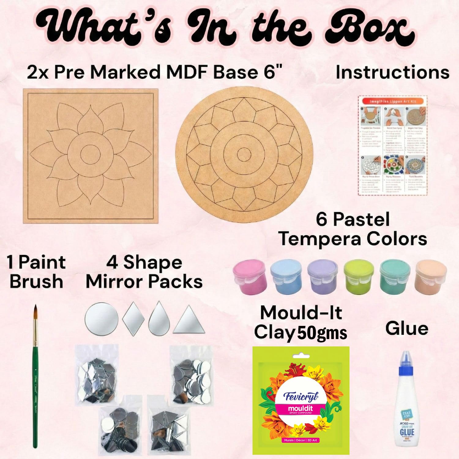 ImagiVibe DIY Mini Lippan Art Kit for Kids & Adults | 2 Pre-Marked 6 Inch MDF Boards | Indian Folk Art Painting Kit with Clay, Mirrors & Pastel Tempera Colours | Creative Art & Craft Kit for Gifting, Artists, Children, Students, Beginners (6inch)