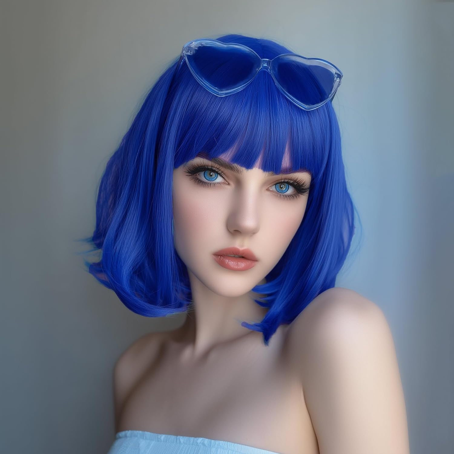 Bob Wig, 12 Inch Short Blue Bob Wig with Bangs,Straight Cosplay Wig,Heat Resistant,Adjustable Straps Wigs for Women Girl with Wig Cap