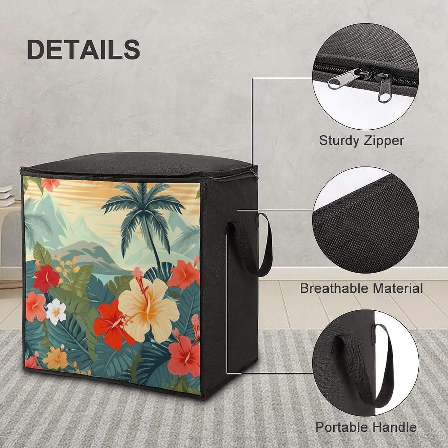 Summer Hawaiian Storage Bag with Zippers And Handle Extra Large Bedding Comforter Storage Bag Foldable Blanket Storage Bags Fabric Moving Bags for Closet Organizer (70L)