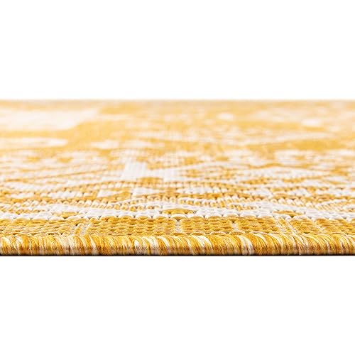 Rugs.com Outdoor Aztec Collection Rug – 10' x 14' Yellow Flatweave Rug Perfect for Living Rooms, Large Dining Rooms, Open Floorplans