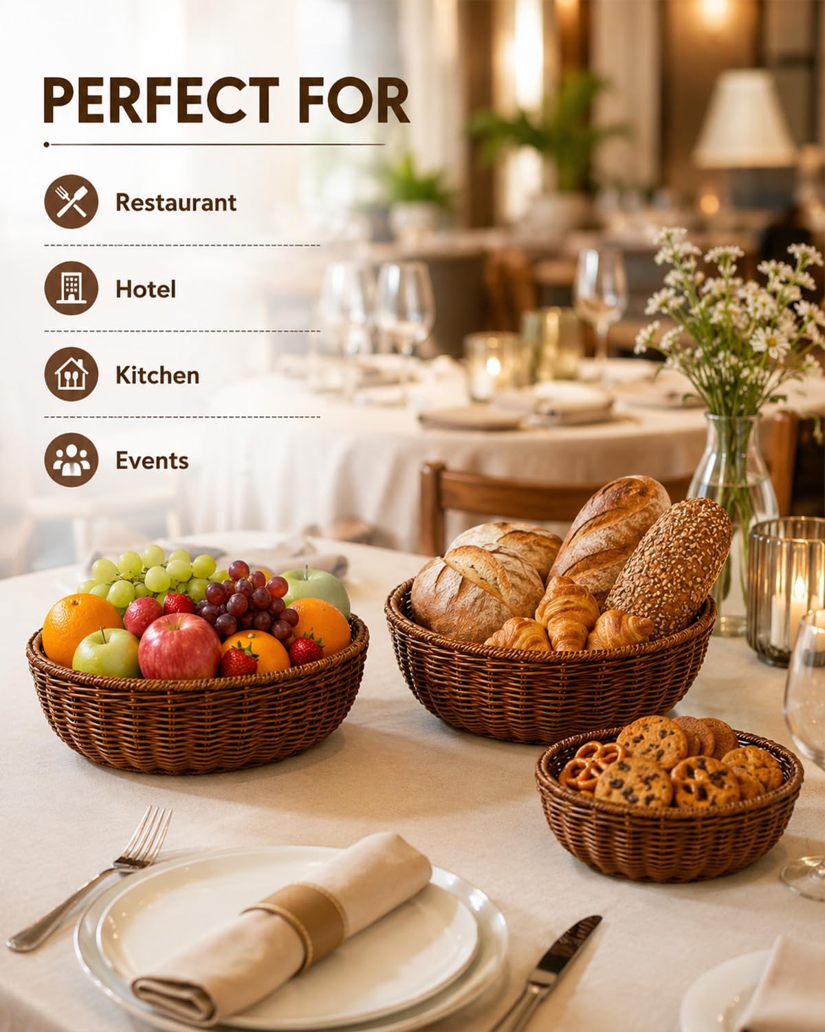Bread Basket, 3 Pack Poly Wicker Bread Baskets Plastic Wicker Fruit Baskets For Fruits, Decorative Serving Baskets For Vegetables And Snacks, Restaurant, Hotel Serving, 3 Size (Brown)