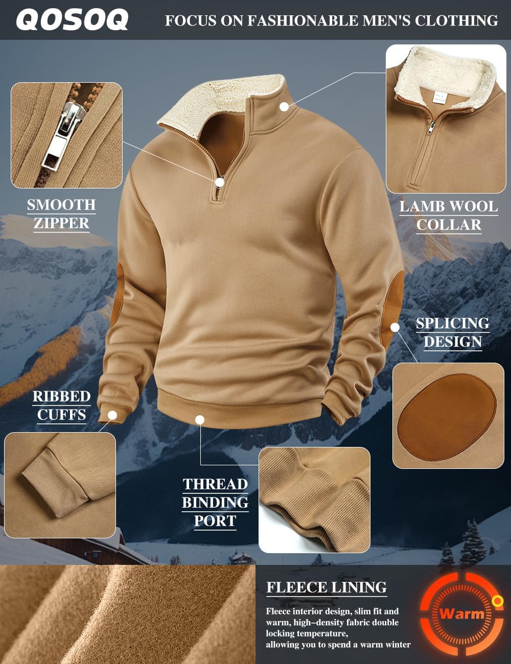 Men's Fleece Sweatshirts Vintage Quarter Zip Pullover shirt Casual Long Sleeve Sweatshirt warm tops - Image 6