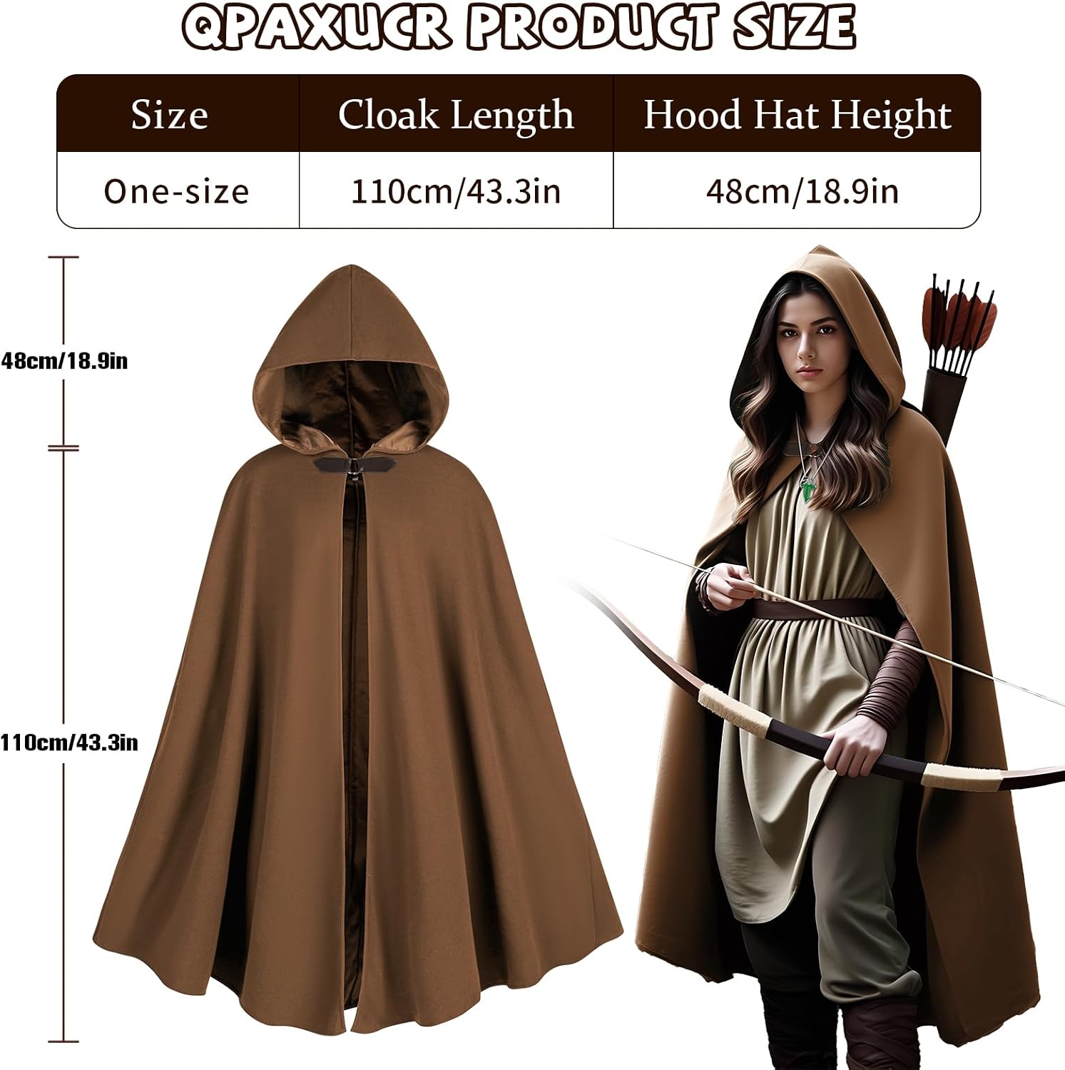 Cloak with Hood Women, Medieval Costume Round Metal Buckle Cloak with Green Leaf Brooch Necklace for Halloween.
