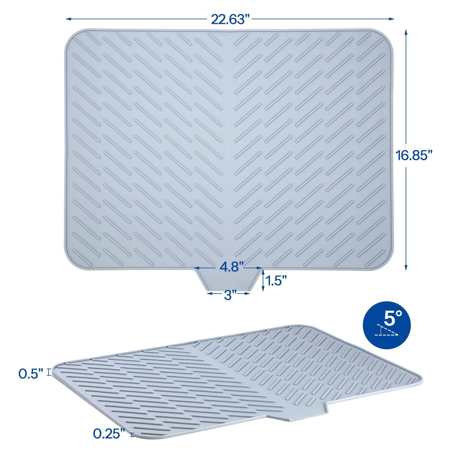 Große Silikon-Abtropfmatte, 40 x 31 cm, schräge Drainagematte für Küchenspüle, Doppelhahnschutz, Spritzschutz und Abtropfmatte, Universal-Spülbeckenmatte (grau)