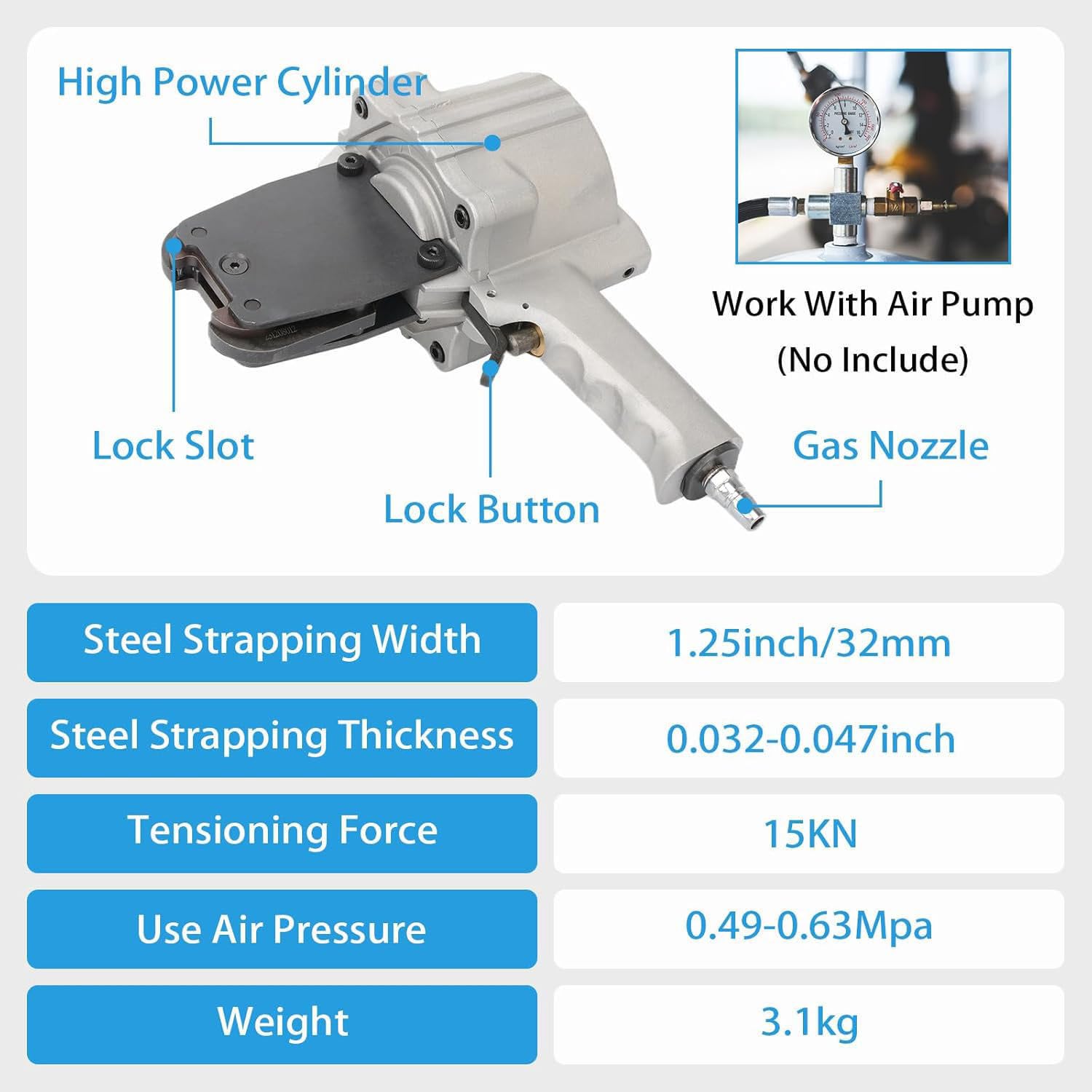 Pneumatische Stahlband-Umreifungsmaschine mit Spanner und Schneider für die Bündelung von SeMetal-Bändern in der Industrieverpackung
