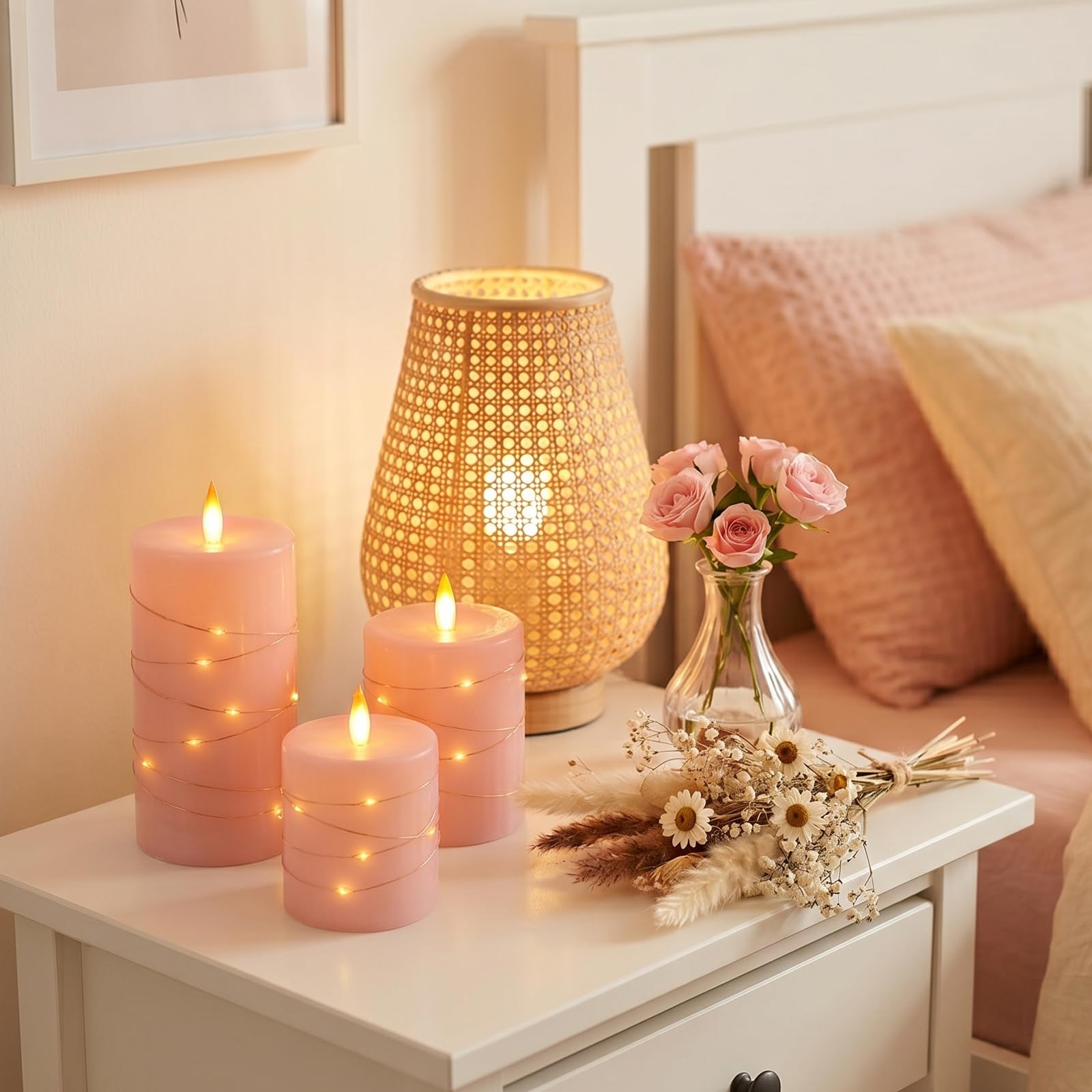 Maxspace Candele senza fiamma con catena luminosa, candele a LED con fiamma tremolante con telecomando, in vera cera, candele a colonna alimentate a batteria, per regali di nozze, set da 3 (rosa)