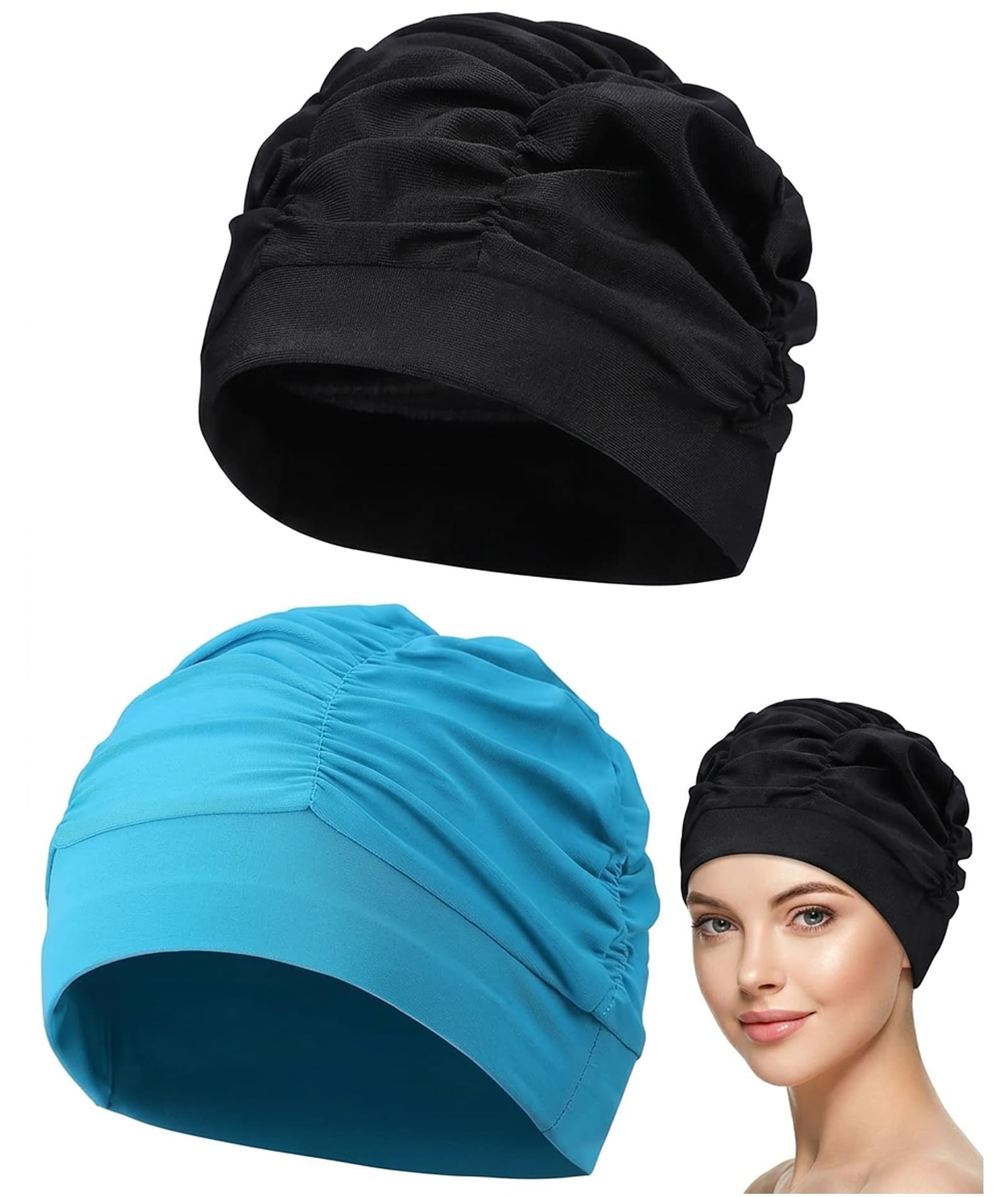 2PCS Swimming Caps for Women, Long Hair Swimming Caps for Women, Two Nylon Swim Caps, Black and Blue Colors, Comfortable Fit for Pool Activities, Water Protection Headwear-image-49