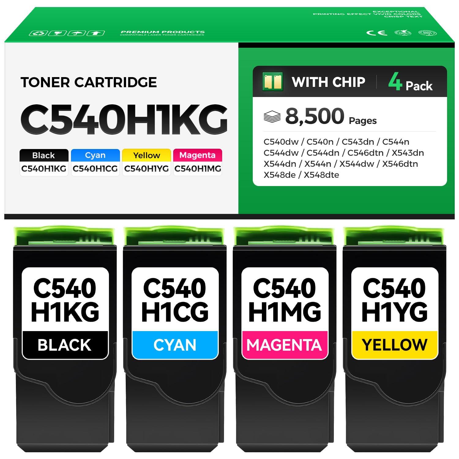 C540H1KG C540H1CG C540H1MG C540H1YG Toner Cartridges Set 4-Pack Compatible with Lexmark C540dw C540n C543dn C544n C544dw C544dn C546dtn X543dn X544dn/X544n X544dw X546dtn X548de X548dte Printer Ink