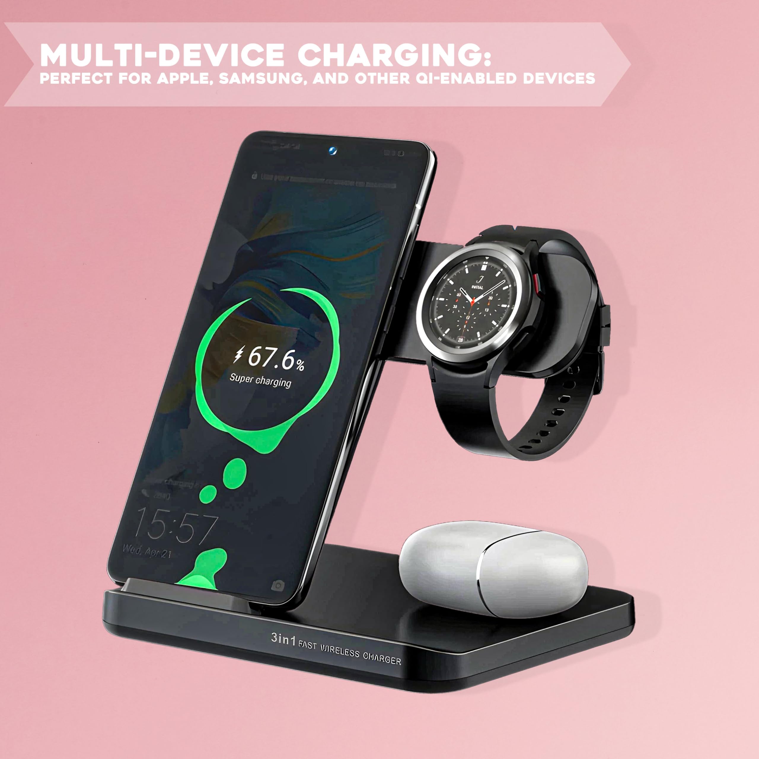 Estación de carga inalámbrica 3 en 1, cargador inalámbrico Qi plegable y rápido para iPhone, Android y dispositivos habilitados para Qi, fácil punto de carga todo en uno (negro)
