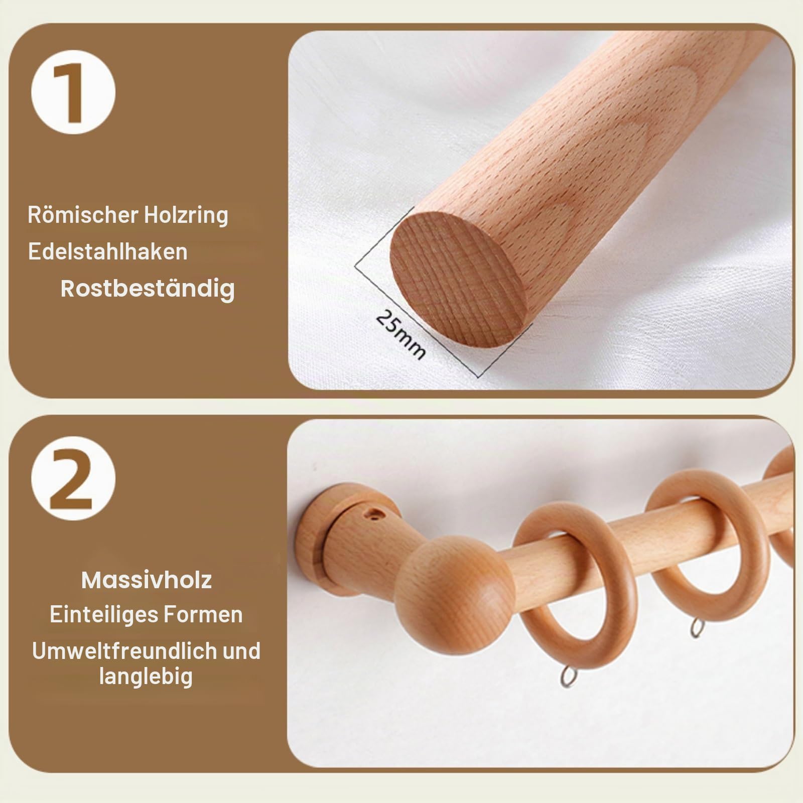 Gardinenstange Holz, Vorhangstange Holz Natur, Umweltfreundlich und Geräuscharm, Buchenholz Material, Für Wohnzimmer, Schlafzimmer, Küchen und Esszimmer(220 cm (3 Brackets))