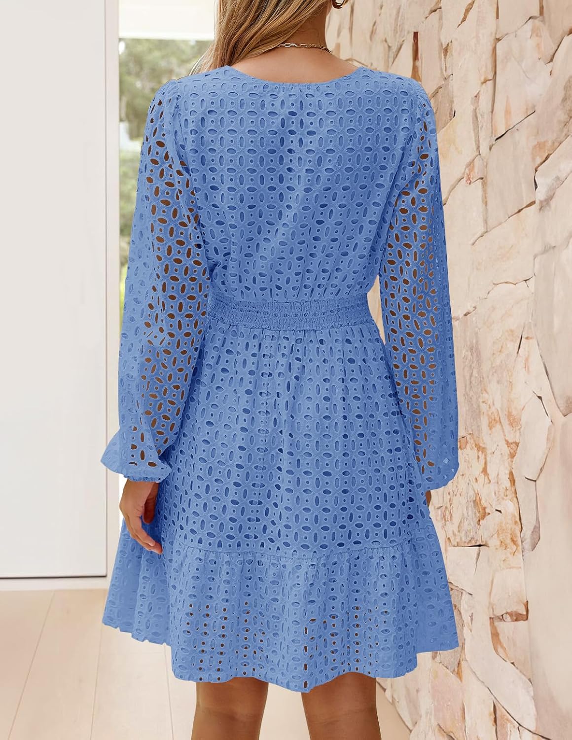 ZESICA Women's 2026 Long Sleeve Mini Dress Fall V Neck Hollow Out Eyelet Embroidery Ruffle A Line Swing Short Dresses - Image 4