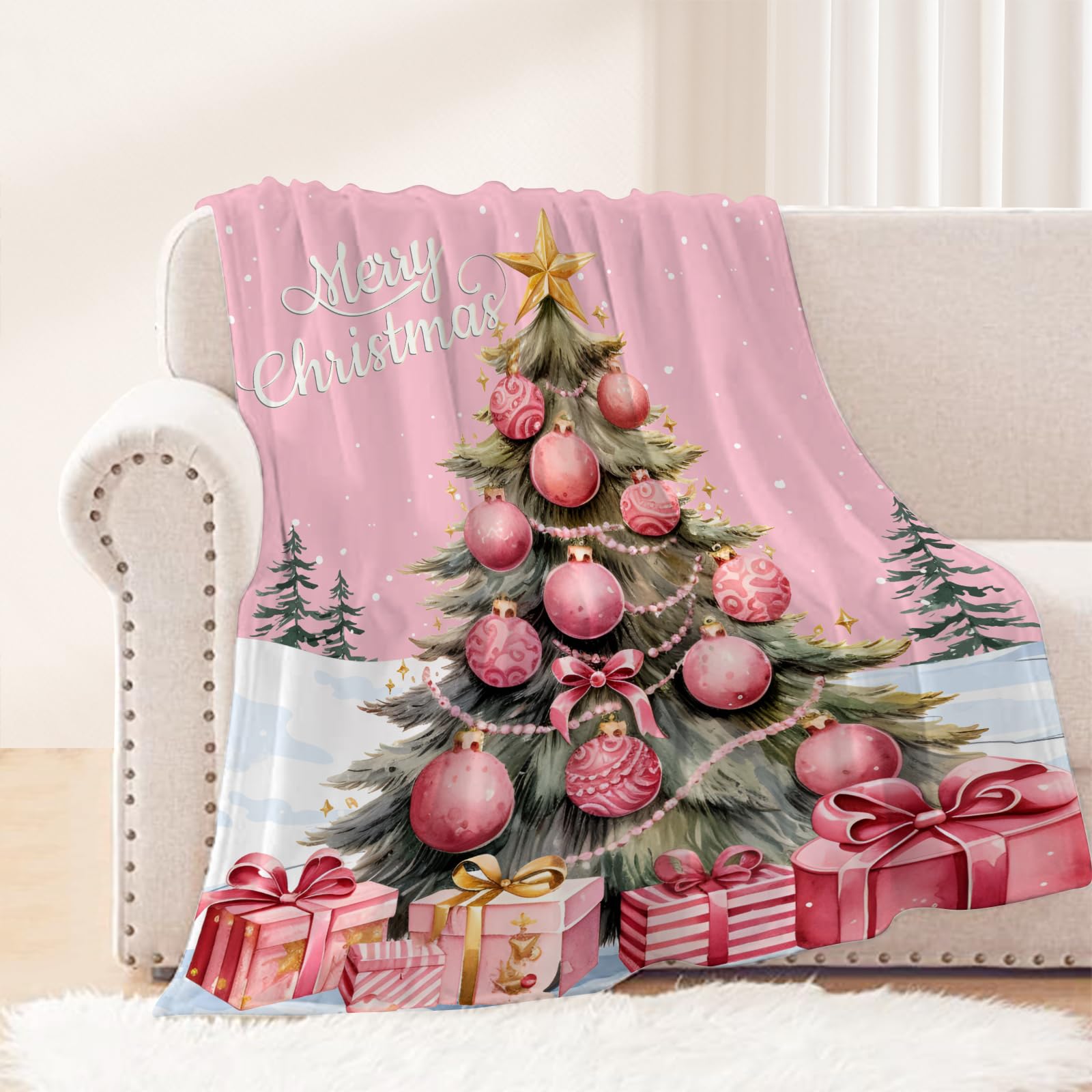 Neatee Living Christmas Kids Throw Blanket Small Pink Christmas Tree Blanket Xmas Winter Holiday Blanket for Child Baby Bed Soft Lightweight Fuzzy Plush Fleece Blankets and Throws 40x50
