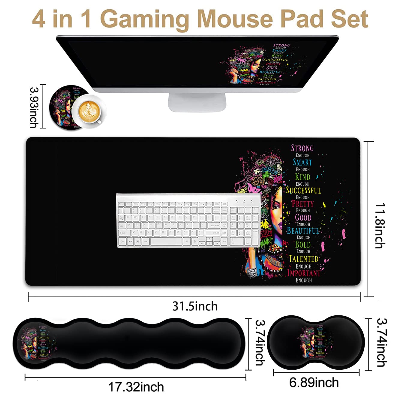 Alfombrilla grande extendida para mouse + soporte para reposamuñecas para teclado, reposamuñecas ergonómico de espuma viscoelástica, 4 piezas (31.5 x 11.8 pulgadas), juego de almohadillas de