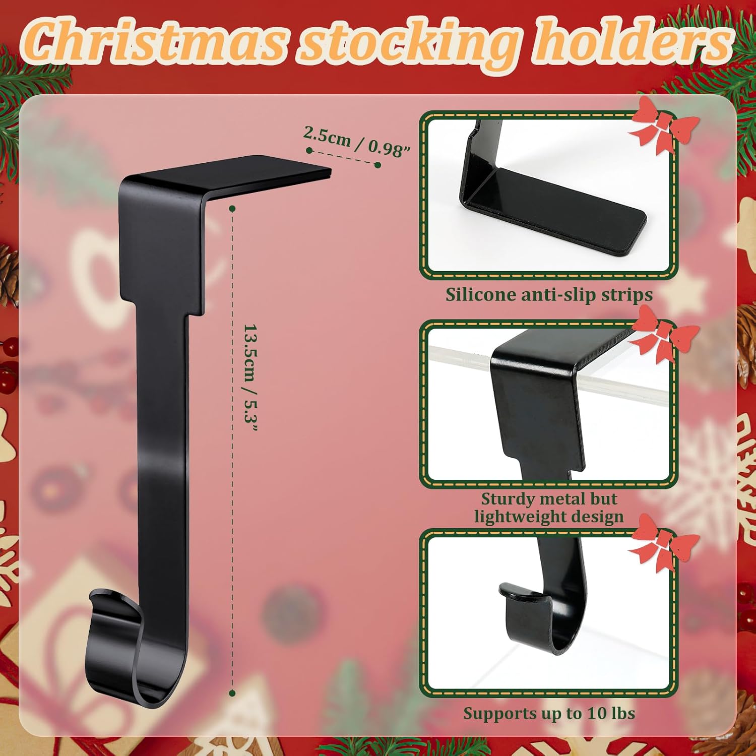 Edoneery Christmas Stocking Holder for Mantle Fireplace, Non Slip Silicone Pad Mantel Stocking Hangers for Shelves, Hanging Decorations Hooks for Family Xmas Holiday Party (Black, 4)