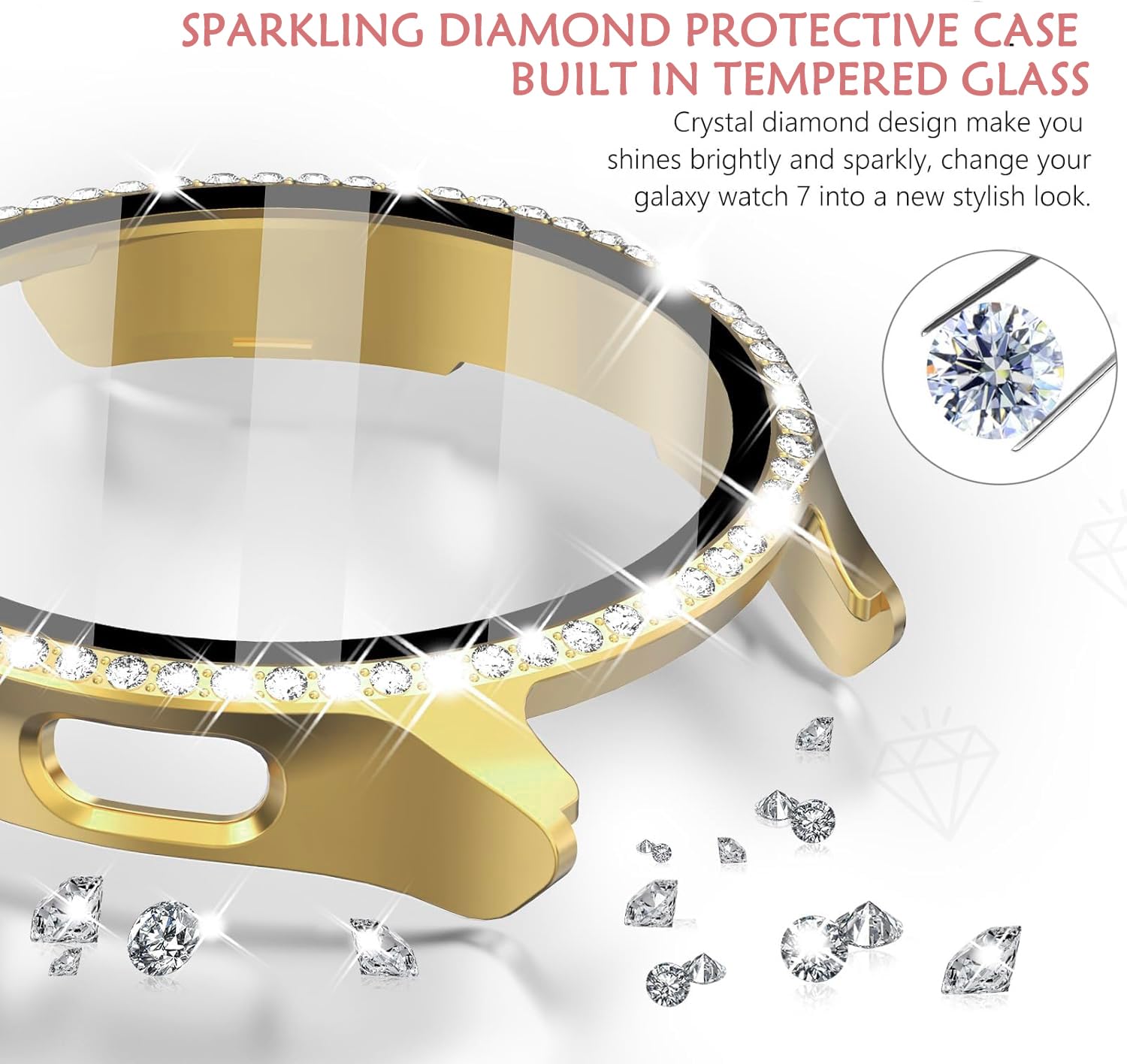 DEALELE [2-PACK] Case Compatible with Samsung Galaxy Watch 5/4 44mm, Bling Single-Row Diamond PC Protective Case Replacement Watch Cover Bumper (44mm, Gold+Transparent) — view 50