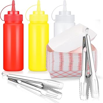105 Pcs Hot Dog Accessories, 100 Pcs Disposable Paper Food Tray 3 Pack 12 oz Plastic Squeeze Bottle 2 Pack Stainless Steel Cooking Tongs Hot Dog Trays Food Serving Boat for BBQ Party Picnic