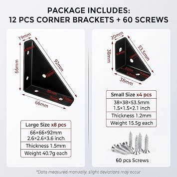 12Pcs Metal Corner Brackets for Wood4 Small,8 Large,with Screws/Screwdriver