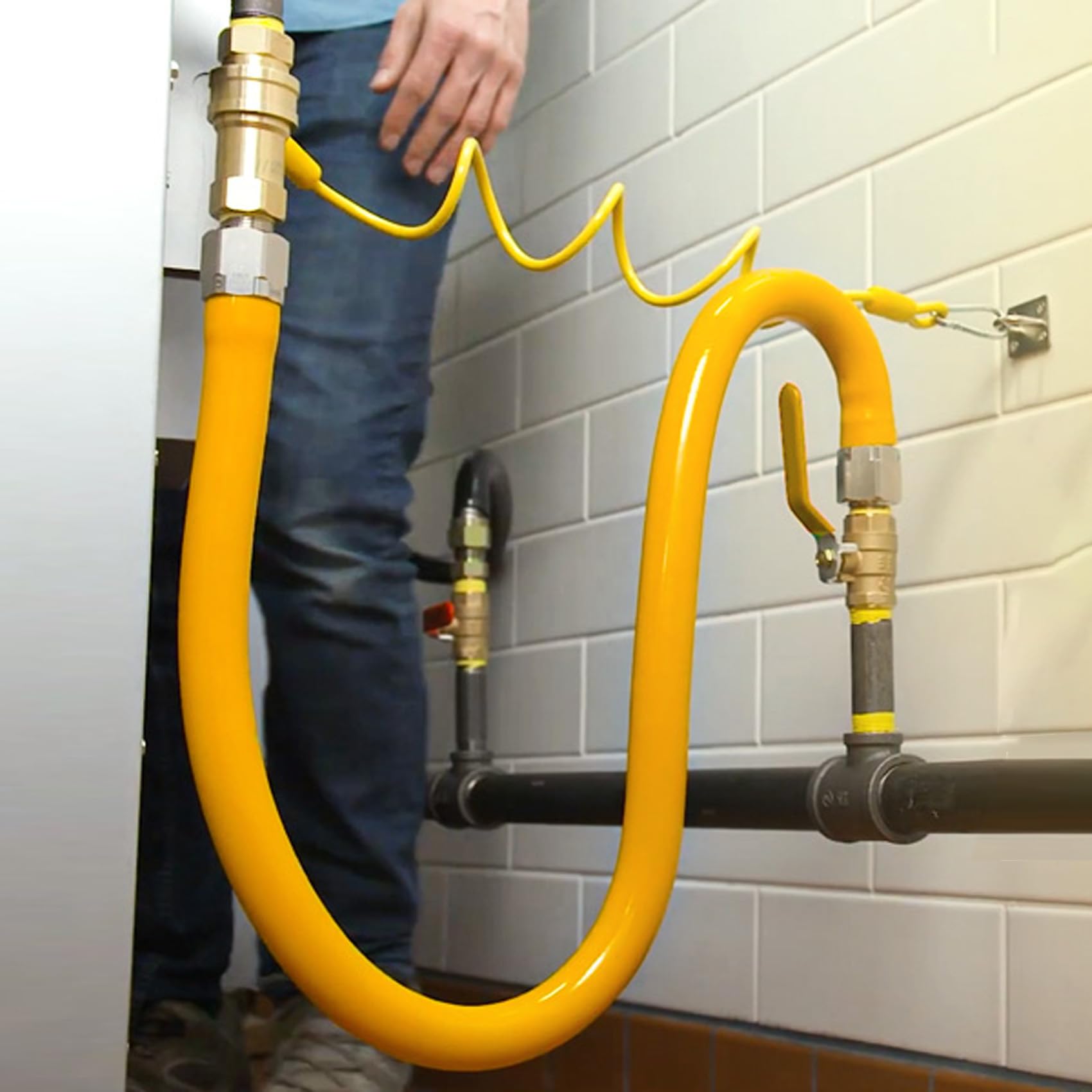 1675kit48 - Manguera de línea de gas para cocina comercial, línea flexible de gas de 3/4 pulgadas, kit de conector de manguera de gas móvil de 48 pulgadas con 2 codos, amarillo