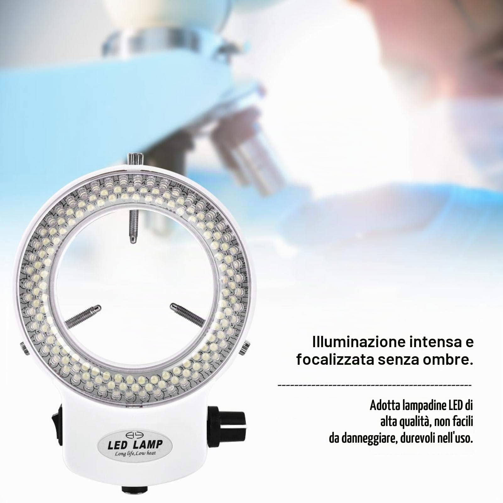 Akozon - Microscopio LED, microcamera 144 LED, sorgente luminosa, regolabile, lampada ad anello per microscopio stereo e fotocamera (spina UE)