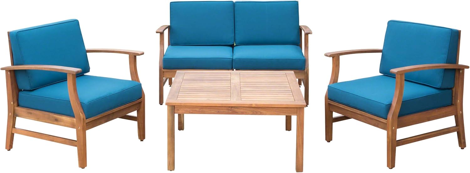 Great Deal Furniture Noble House Perla 5 Piece Outdoor Acacia Wood Conversation Set in Blue