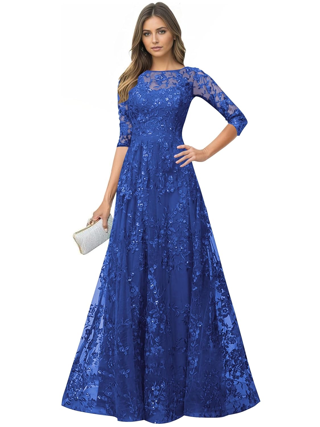 Lace Mother of The Bride Dresses 3 4 Sleeve Sequin Scoop Neck A Line Formal Evening Gowns