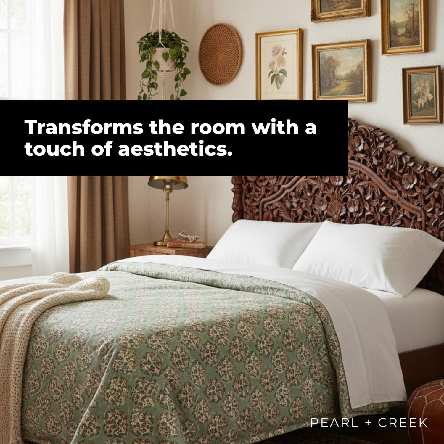 Ella Light Green Cotton Duvet Cover 92x92” – Hand Block Printed Bedding with Floral Pattern – Soft 100% Cotton - Ideal for Queen Size Bed, Boho Farmhouse Coastal Comforter Cover for Bedroom Decor