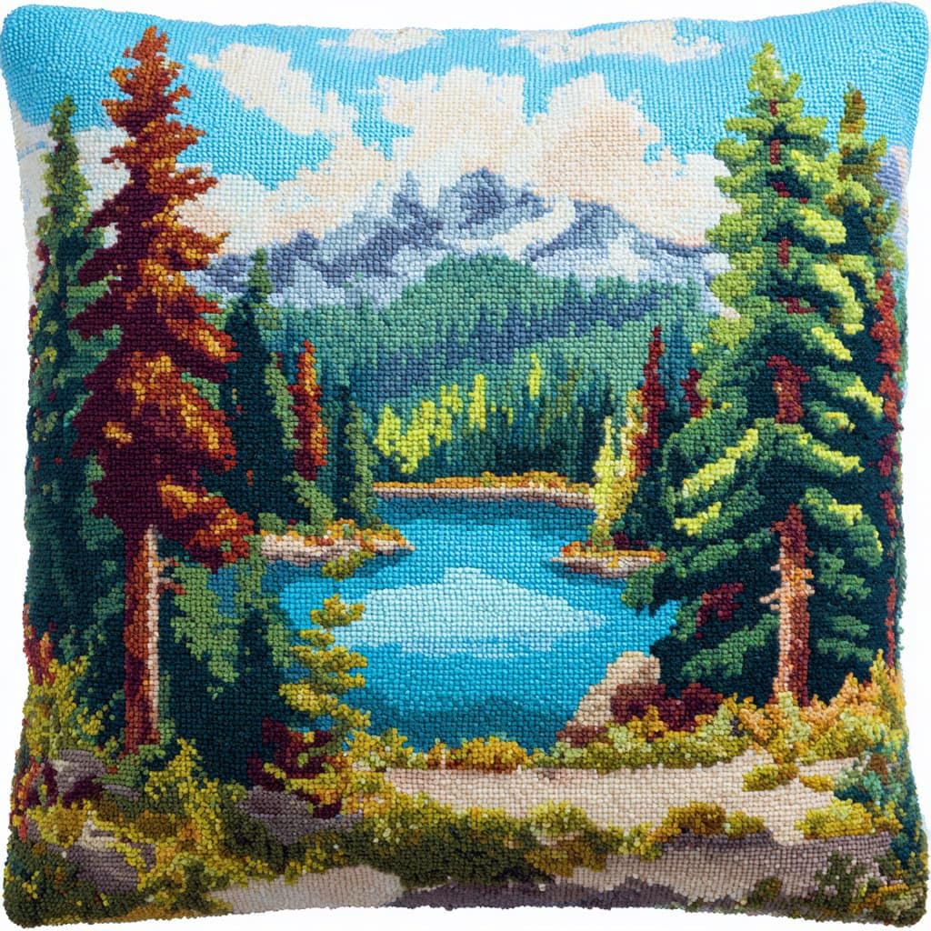 WallustrioaW Latch Hook Kits Pillow 17x17in,Lake Scenery