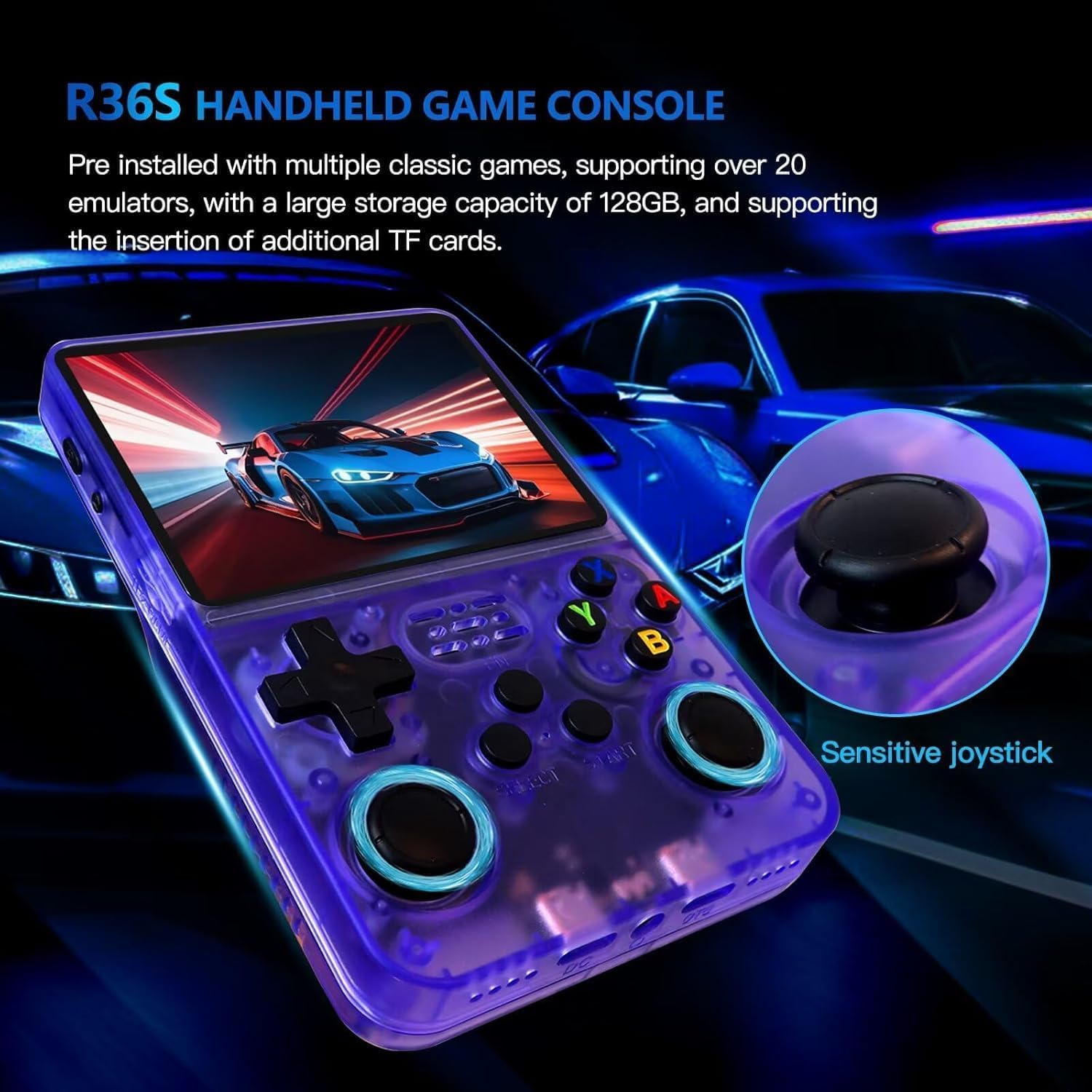 R36S Retro Handheld Game Console 128G - Schermo IPS da 3,5” con oltre 40000 giochi classici Lettore di videogiochi tascabile Open Source Linux OS con batteria da 3500mAh (lilla)