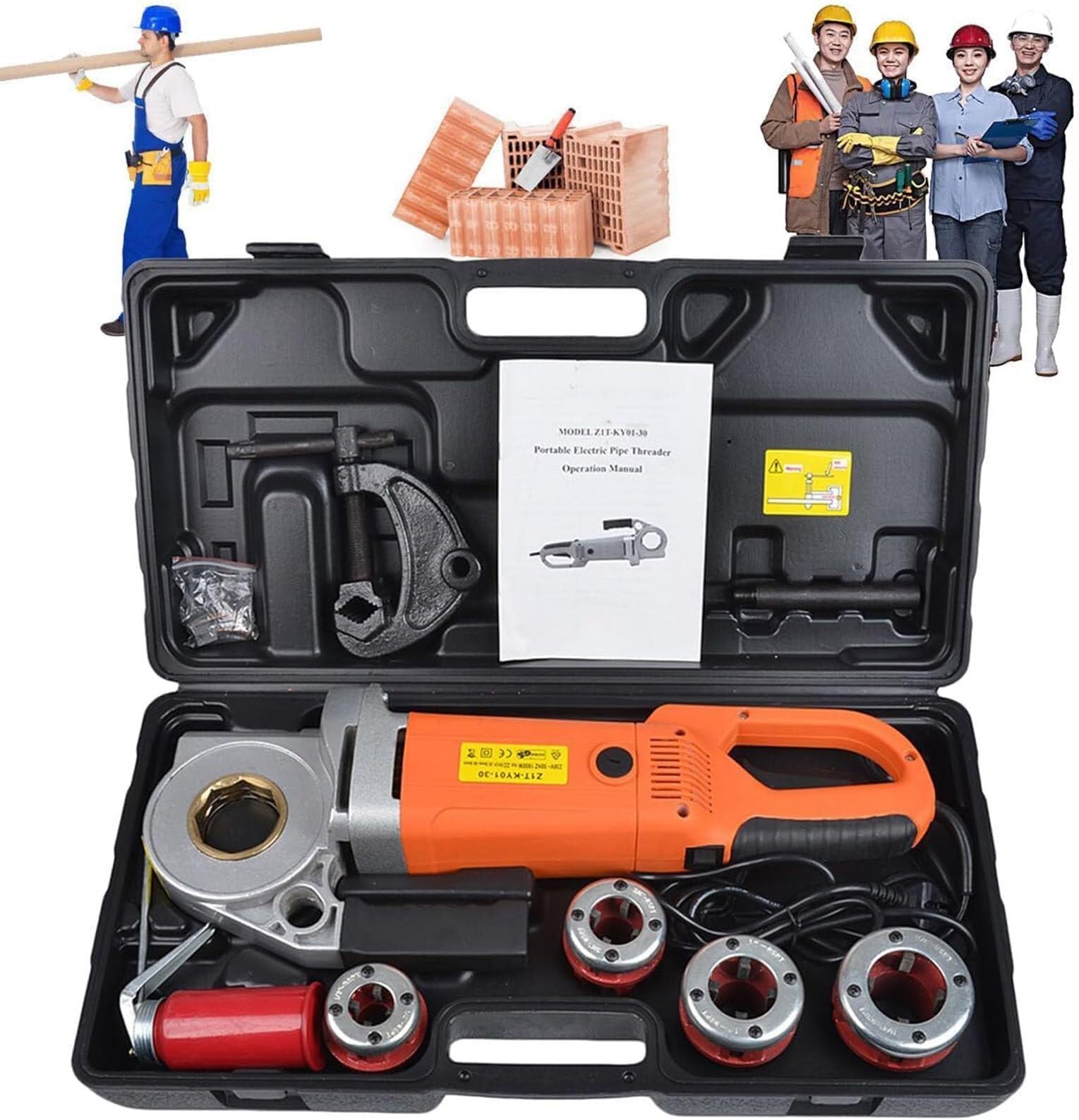 Portable Handheld Electric Pipe Threader Threading Machine, Thread Cutting Set Pipe Threader Machine Copper Motor, for Galvanized Pipe Iron Pipe Threading 1/2" to 2"(6head)