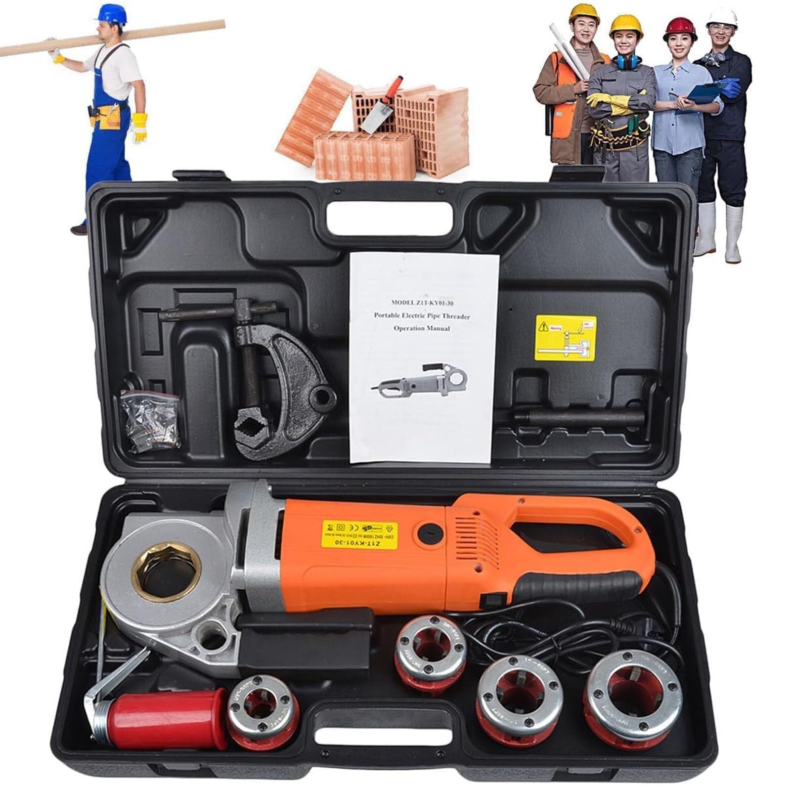 Portable Handheld Electric Pipe Threader Threading Machine, Thread Cutting Set Pipe Threader Machine Copper Motor, for Galvanized Pipe Iron Pipe Threading 1/2" to 2"(6head)