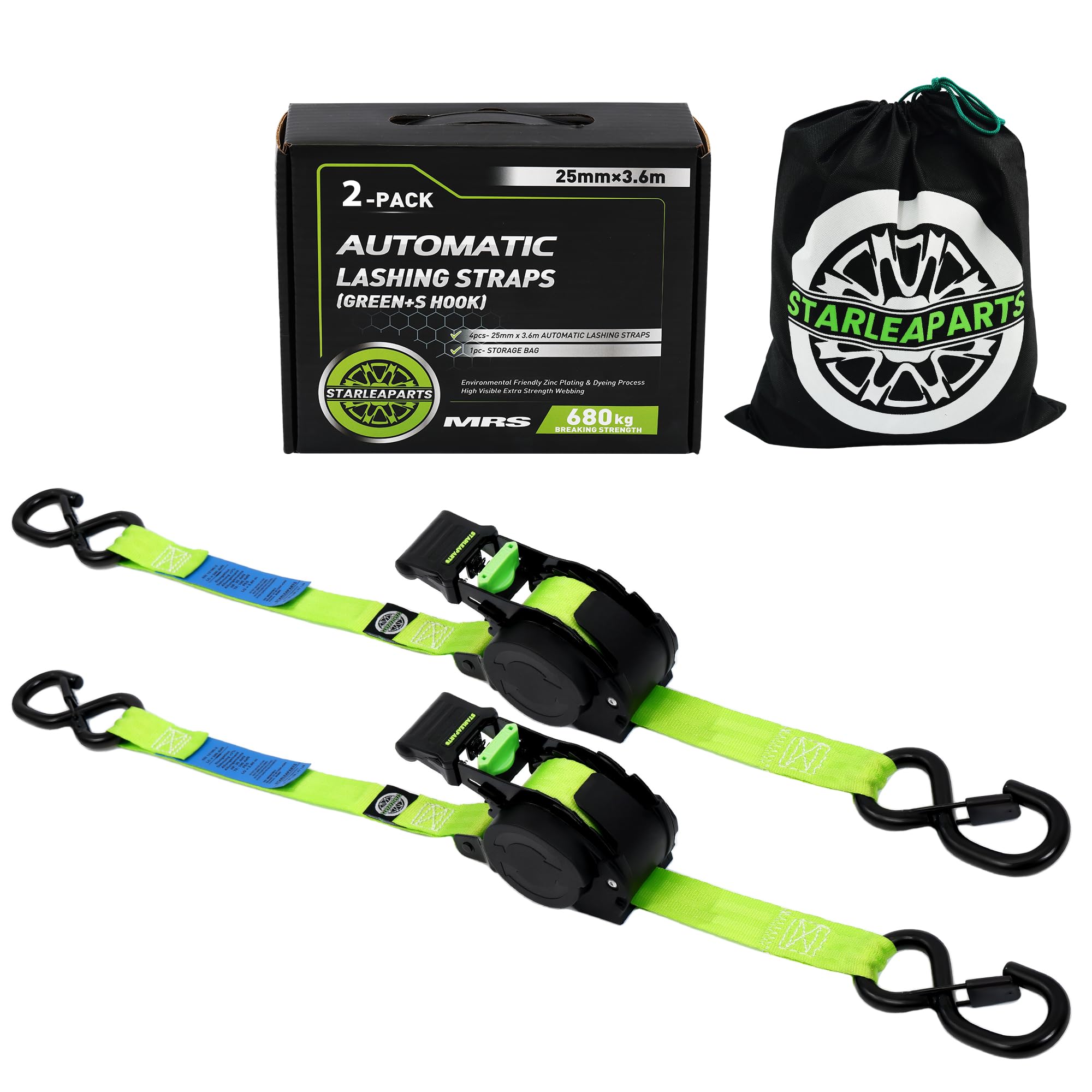 STARLEAPARTS Cinghia di tensione automatica con gancio a S, cinghie retrattili, 2 pezzi | 3,6 m x 25 mm, 340 kg/680 kg, avvolgitore automatico con cricchetto, per moto, kayak, verde