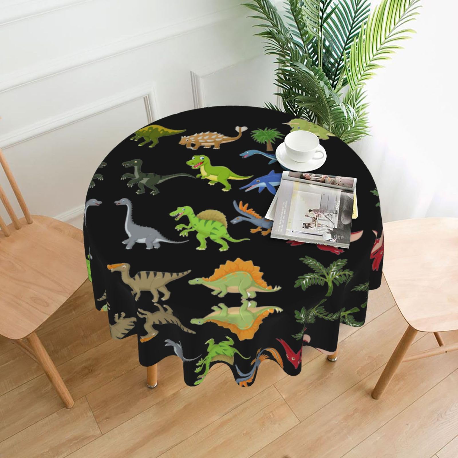 VCzsdff Cartoon Dinosaur Images Print Stain Resistant Round Tablecloth 60in Family Friendly Polyester Cloth for Kids Meals