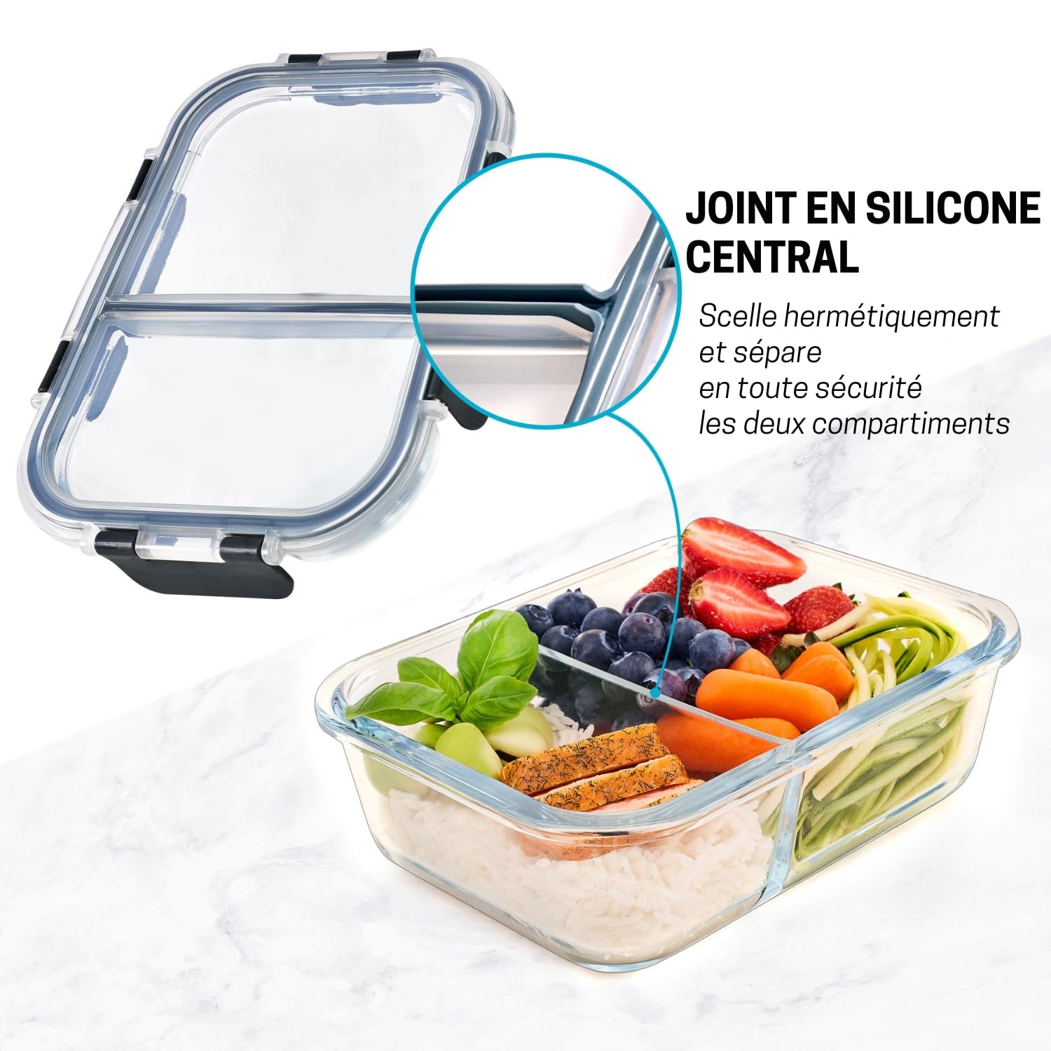 Igluu Meal Prep Boîtes Repas en Verre à 2 compartiments (Lot de 3) – Couvercle hermétique et sans BPA – Compatibles micro-ondes, four, congélateur et lave-vaisselle – 980 ml – Verre Borosilicate