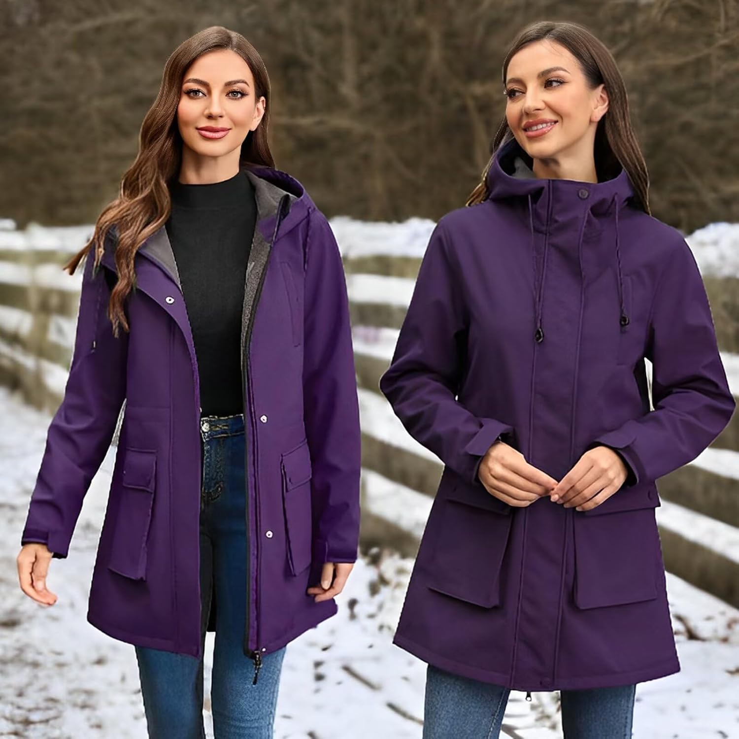 CHIGUO Women's Waterproof Softshell Jackets Warm Fleece Lined Coats with Hood Long Rain Jacket - Image 3