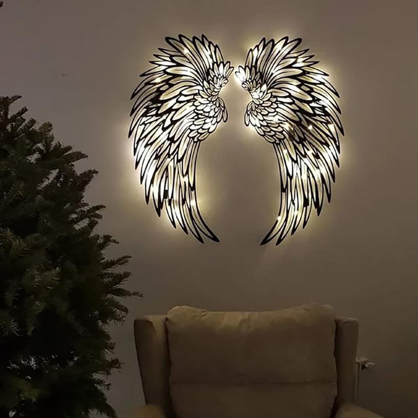 Angel Wings Wall Art, Large Metal Angel Wings Wall Decor with Lights Glowing Angel Wings for Wall Wing Wall Sculptures Wall Hanging for Home Bedroom Living Room Garden Studio Bar (30 * 15cm B)