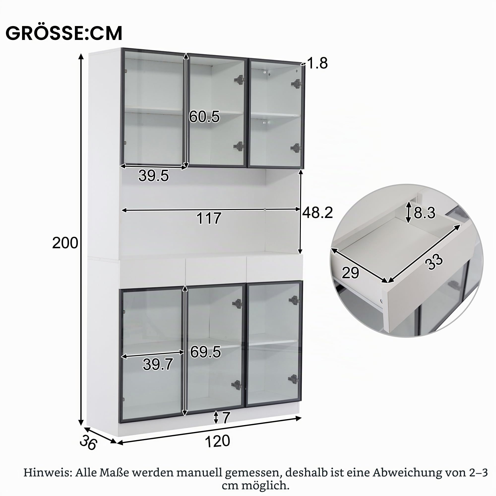 Merax Vitrinenschrank 200cm, Modern LED Glasvitrine Bücherschrank, Hochschrank Standvitrine mit Glasschrank Tür, Highboard Sammlervitrine mit 6 Türen 3 Schubladen, für Wohnzimmer Esszimmer Büro, Weiß