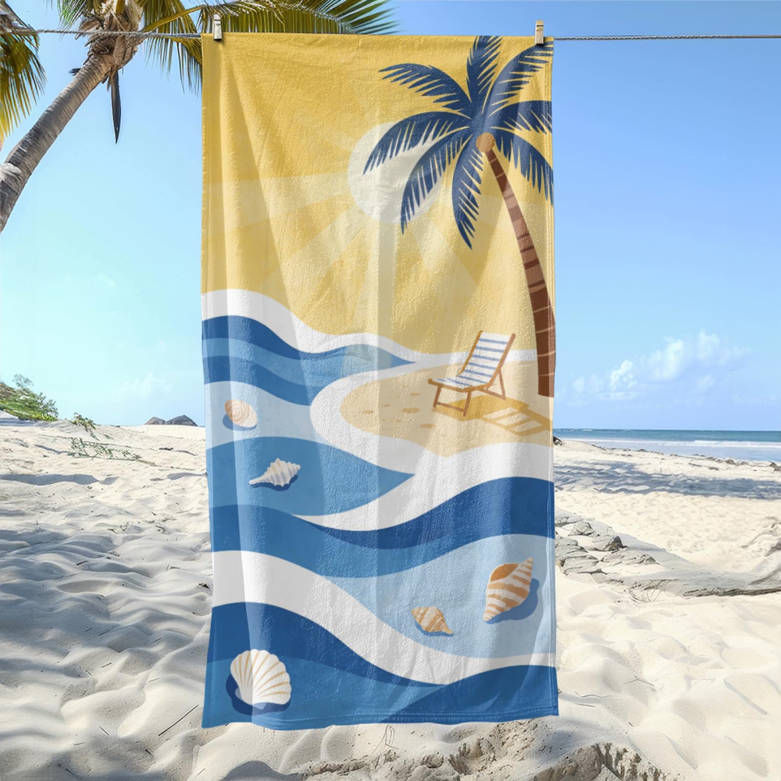 Fouta PlageMer Bleue Ciel Jaune Soleil Modèle Surdimensionné avec Diverses Tailles, Respirante et Portable, Parfaite pour Voyages Sorties Piscine et Usage Extérieur Quotidien 90x160 cm