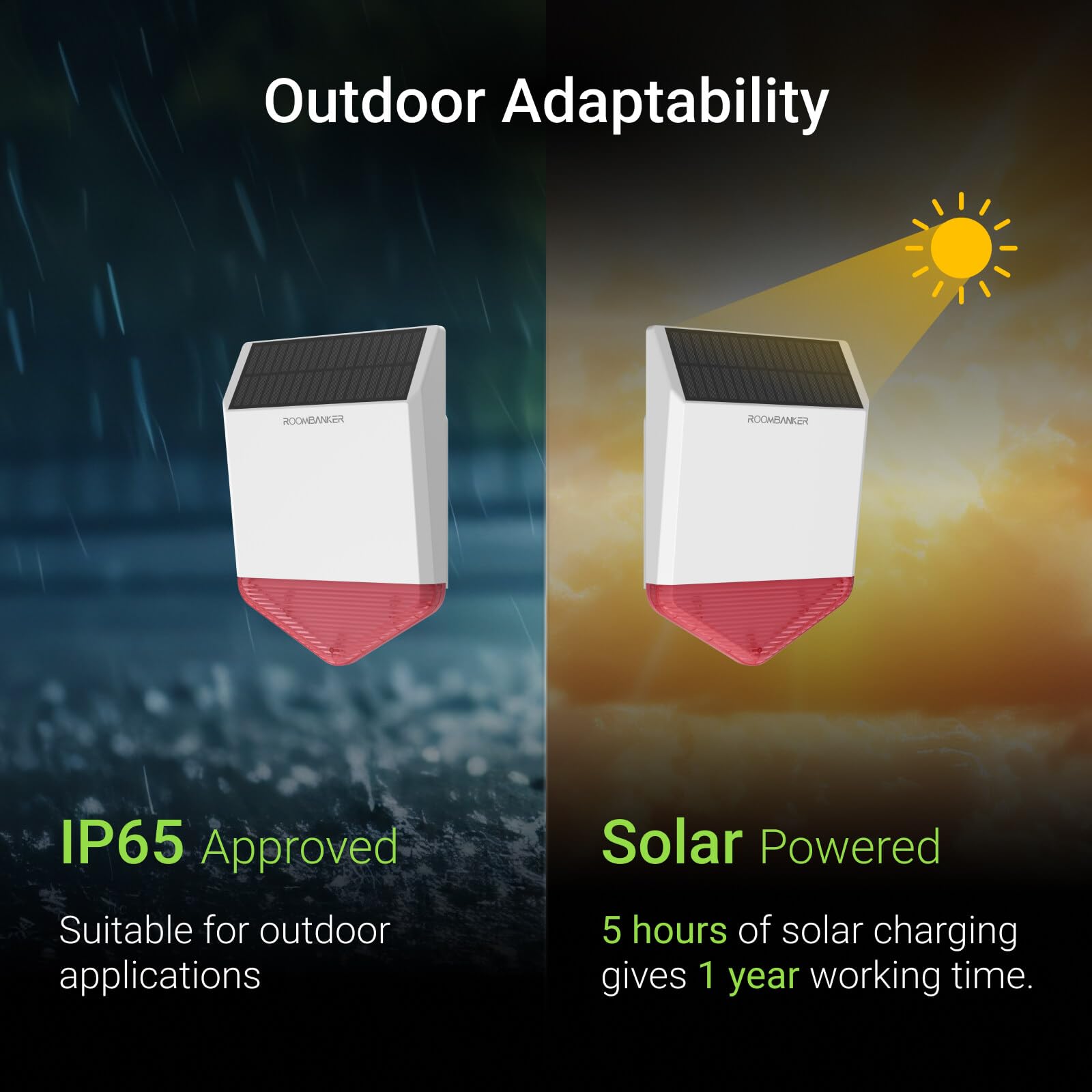 Sirena exterior SO1 - IP65 approved Wireless alarm sirens, Volumen ajustable hasta 105 dB, larga distancia de comunicación hasta 3150m, Solar panel charging