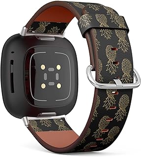 CJBROES Replacement Leather Watch Band, Compatible with Fitbit Versa 3 and Fitbit Sense of Wristband Bracelet Accessory - Gold Pineapples on Dark