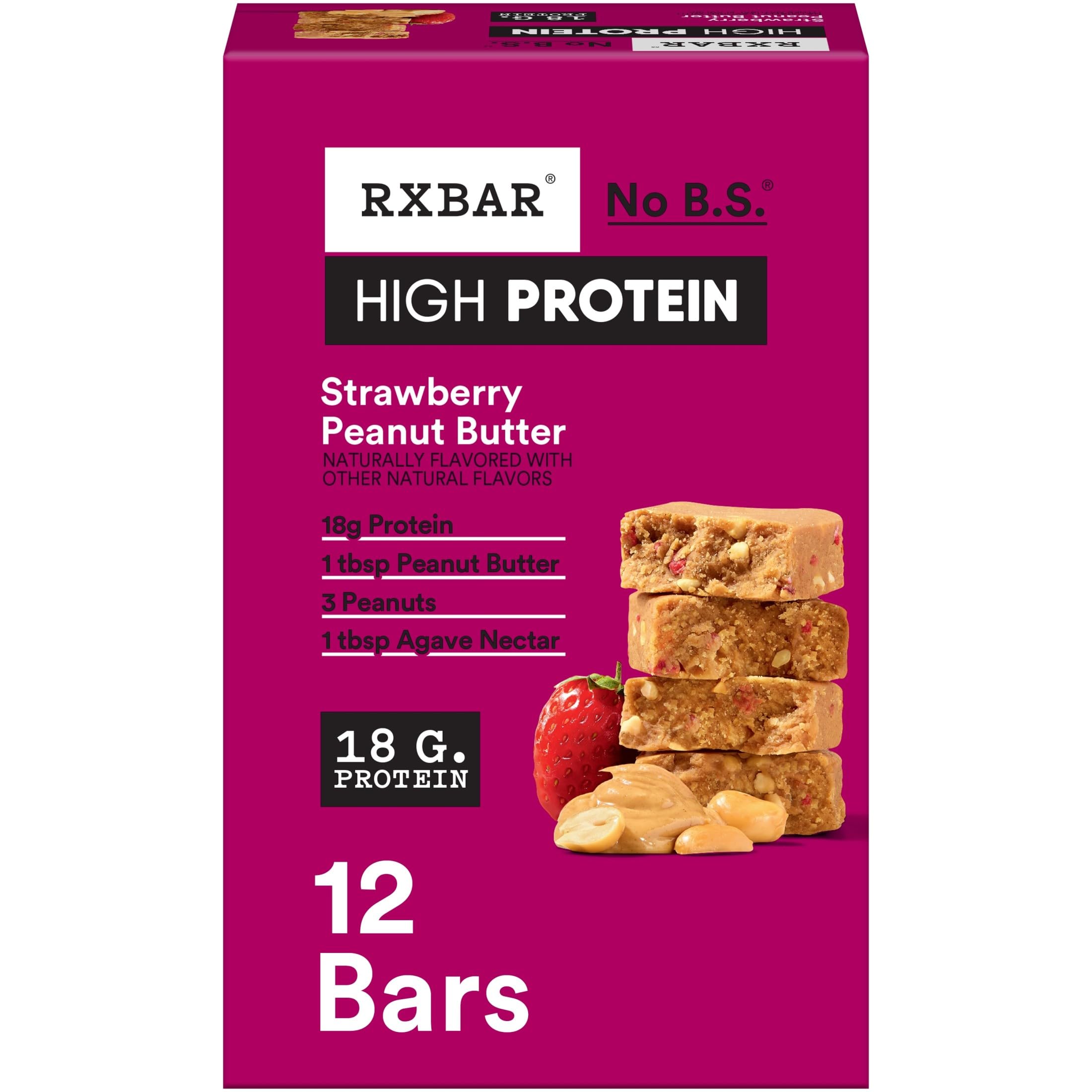 RXBAR High Protein Bars, 18g Protein, Gluten Free, Protein Snacks, Strawberry Peanut Butter, 25.3oz Box (12 Bars)