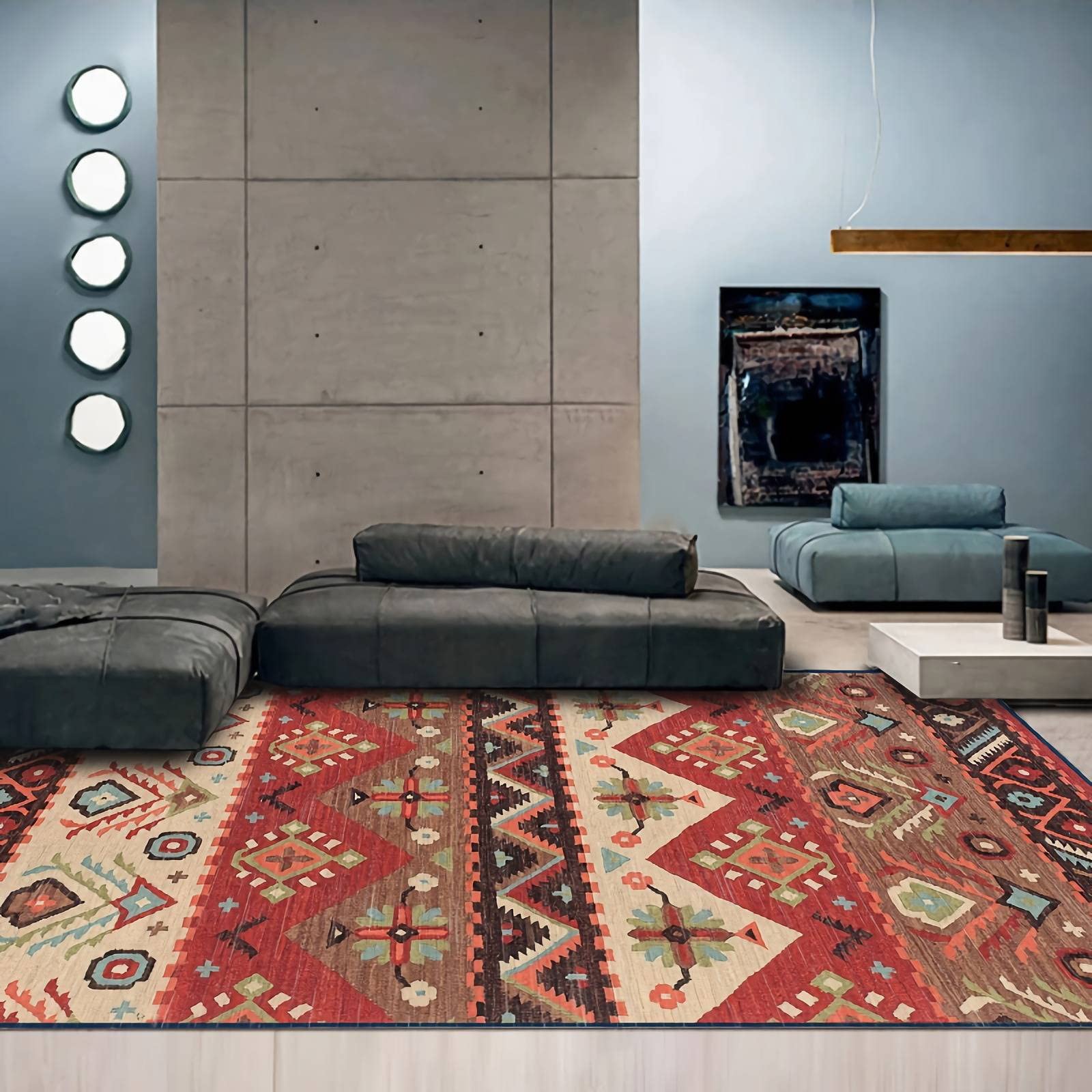 Teppich antirutsch für teppiche landhausstil deko Teppich Rot braun blau Retro geometrischen Stil Rutschfester Wohnzimmerteppich Teppich fußbodenheizung geeignet 140x200cm