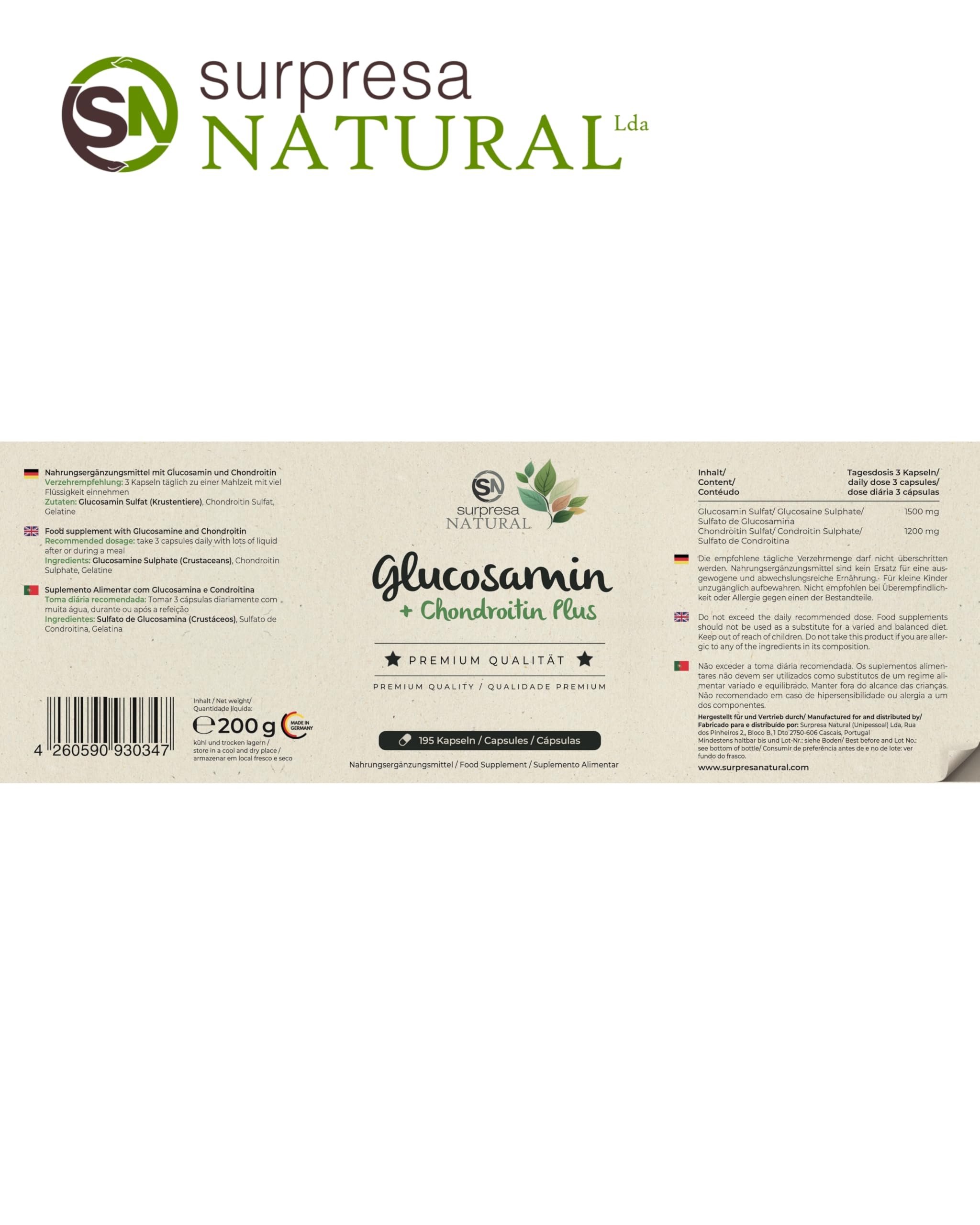 Glucosamin-Chondroitin-Kapseln hochdosiert I 1 x 195 Kapseln I 1500 mg Glucosamin & 1200 mg Chondroitin pro Tagesdosis I Nahrungsergänzungsmittel ohne Zusatzstoffe & laborgeprüft