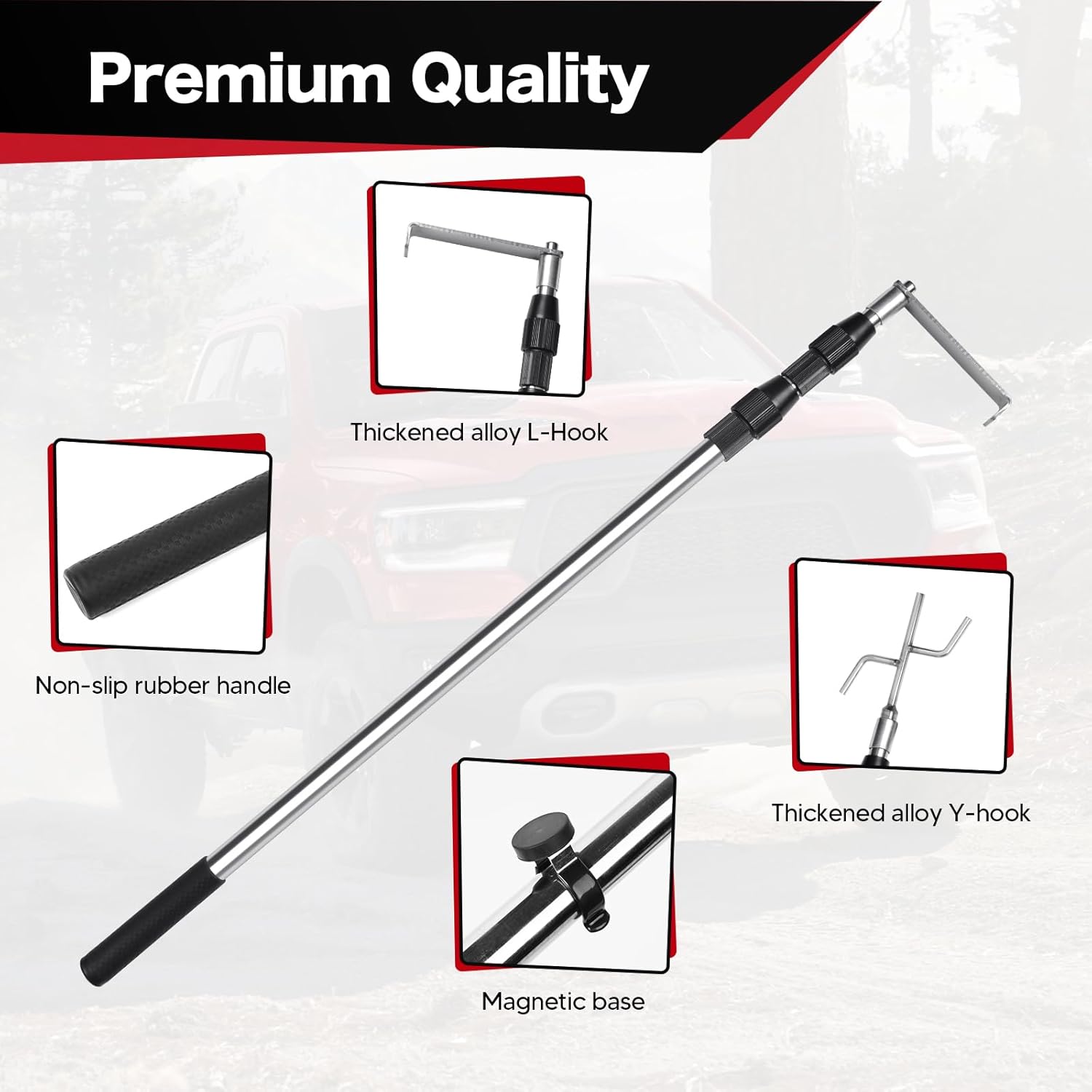 6.3 Ft Adjustable Truck Cargo Grabber Pickup Truck Bed with Magnetic Holder, Telescoping Reach Truck Bed Retriever Tool with Two Hooks, Bed Buddy Truck Tool Automotive Accessories