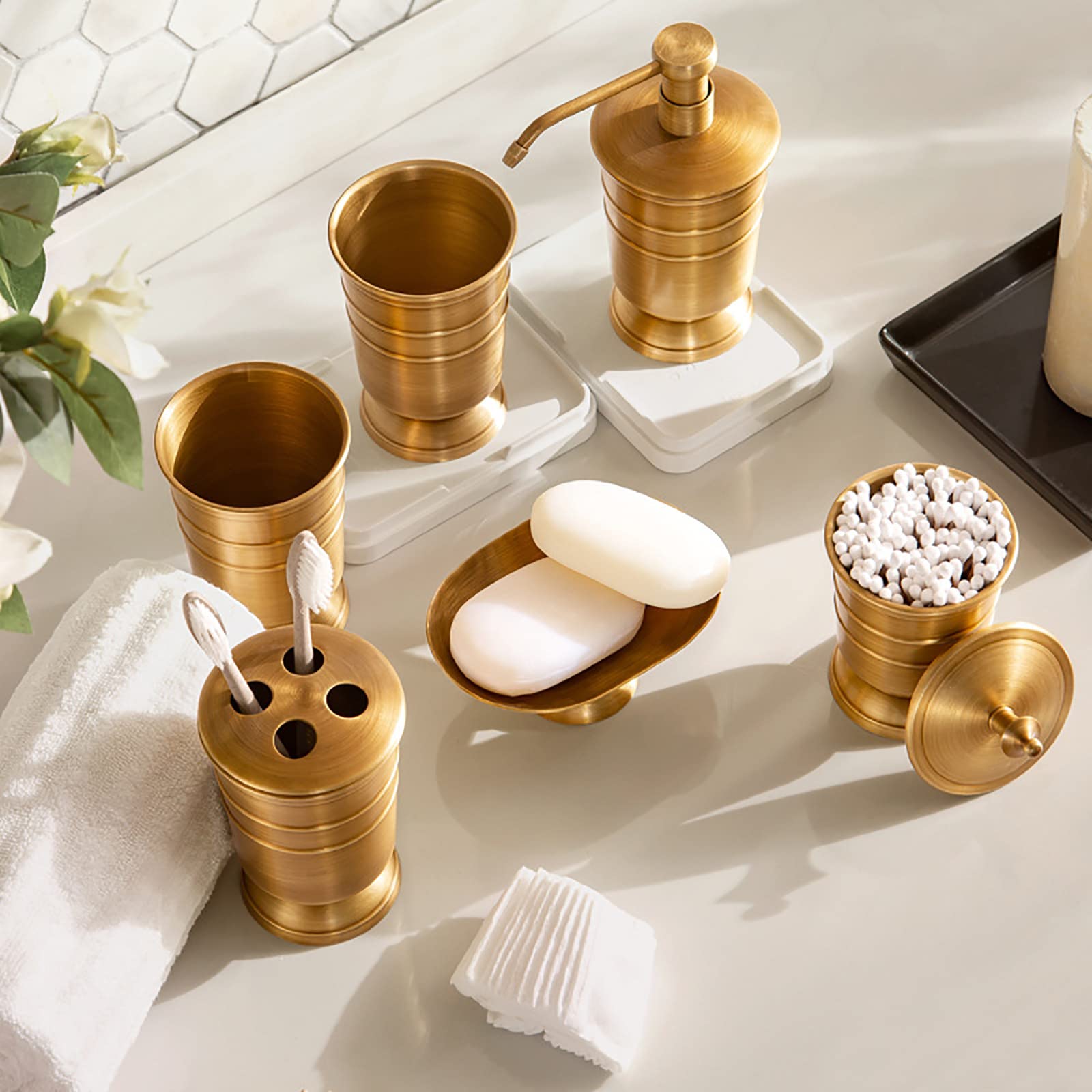 Juegos de Accesorios de baño, Cobre Acesorios Cuartos de Baño 6 Piezas con Dispensador Jabon Baño, Jabonera Baño, Porta Cepillo de Dientes, para Champú, Antiguo Oro