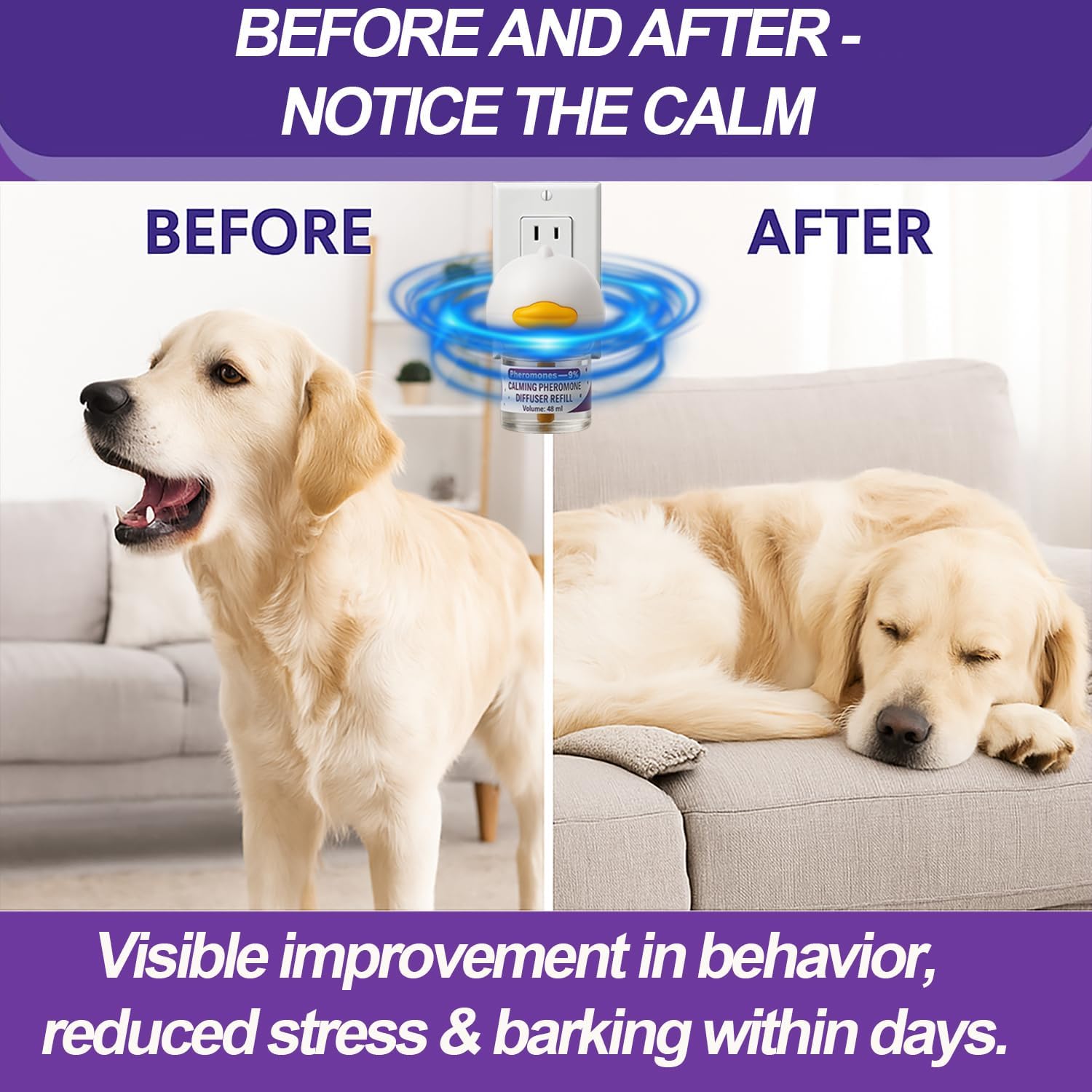 Dog Calming Pheromones Diffuser & 6 in 1 Kit Appeasing Dog Pheromone Diffuser Kit to Calm (2 Plug in+4 x48ml Refill) Calming Diffuser for Dog Reduce Anxiety Fighting Barking Stress 120 Day Supply