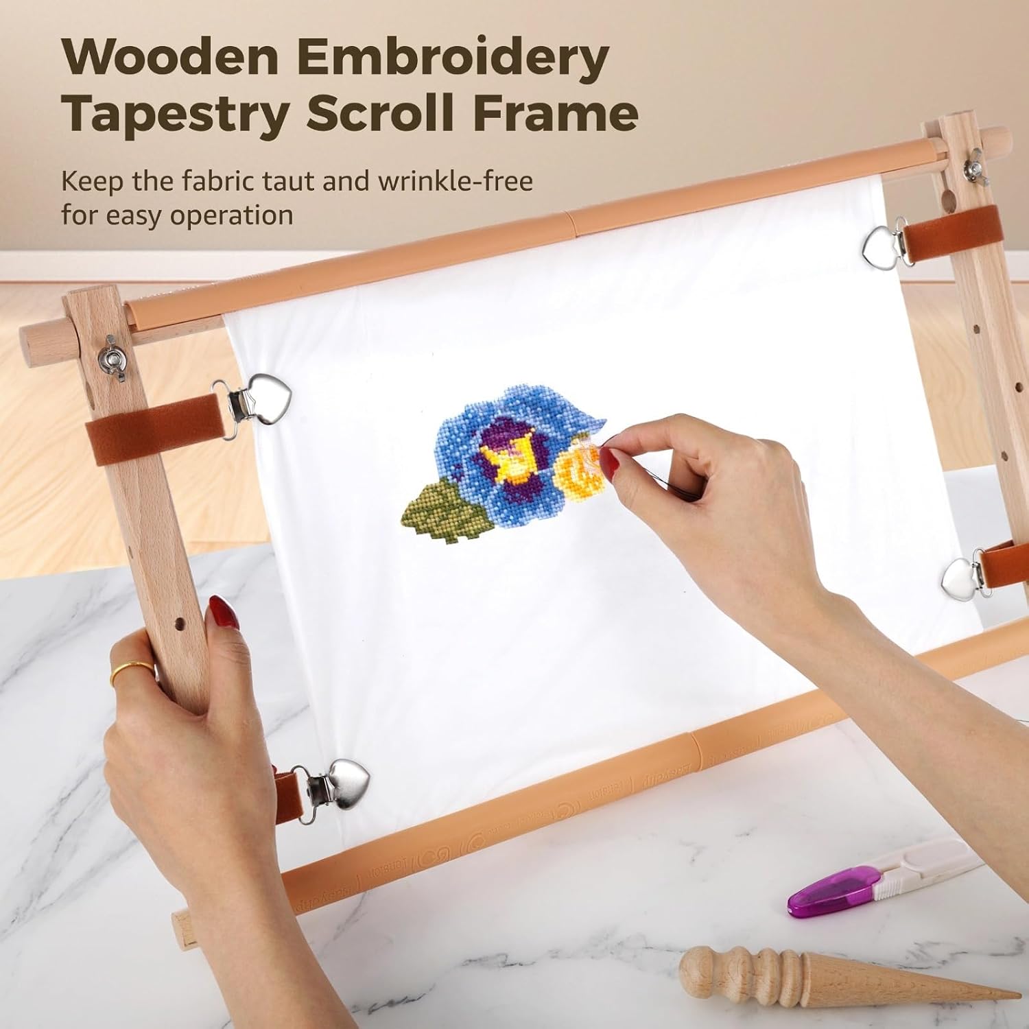 Quilting and Cross-Stitch Tapestry Frame, Beech Wood Scroll Frame for Needlepoint, 21.5 X 12 Inches, Adjustable Tension for Sewing