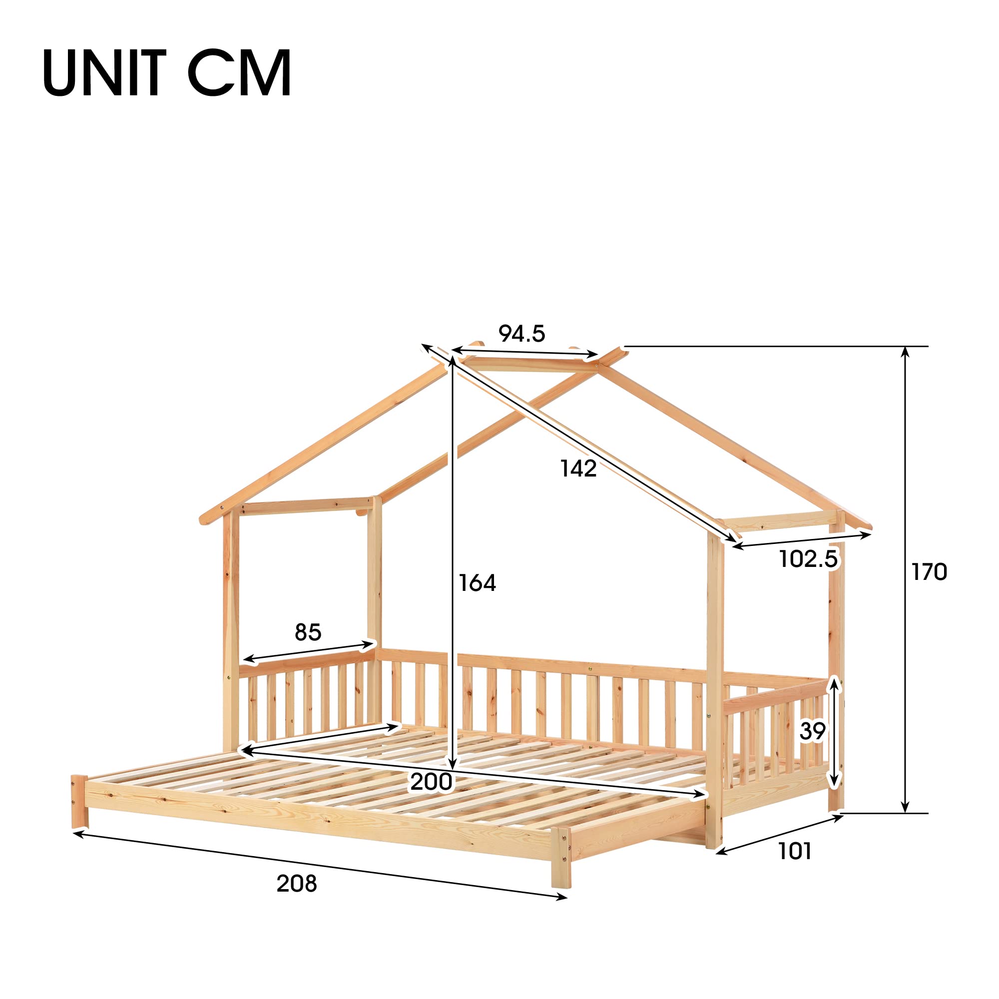 Moimhear Letto a forma di casetta sull'albero, espansibile, letto per bambini, letto a castello, letto singolo e matrimoniale, in legno massiccio naturale (200x90cm)