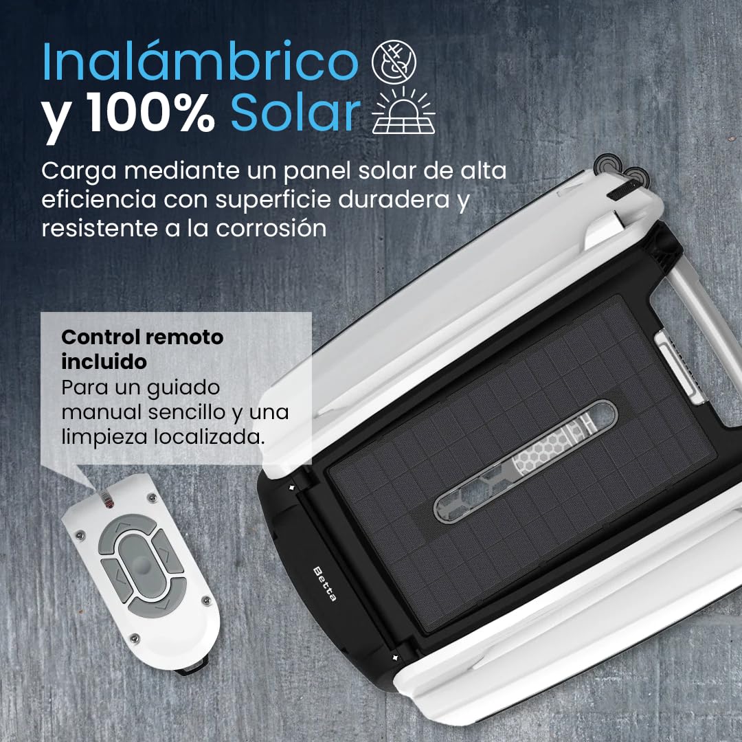 Betta SE Robot Skimmer de Piscina Solar - Limpiador Automático de Superficie, Batería de 30h, Motores Resistentes a Sal y Cloro, Evitación de Obstáculos, Limpieza 24/7 (Blanco)